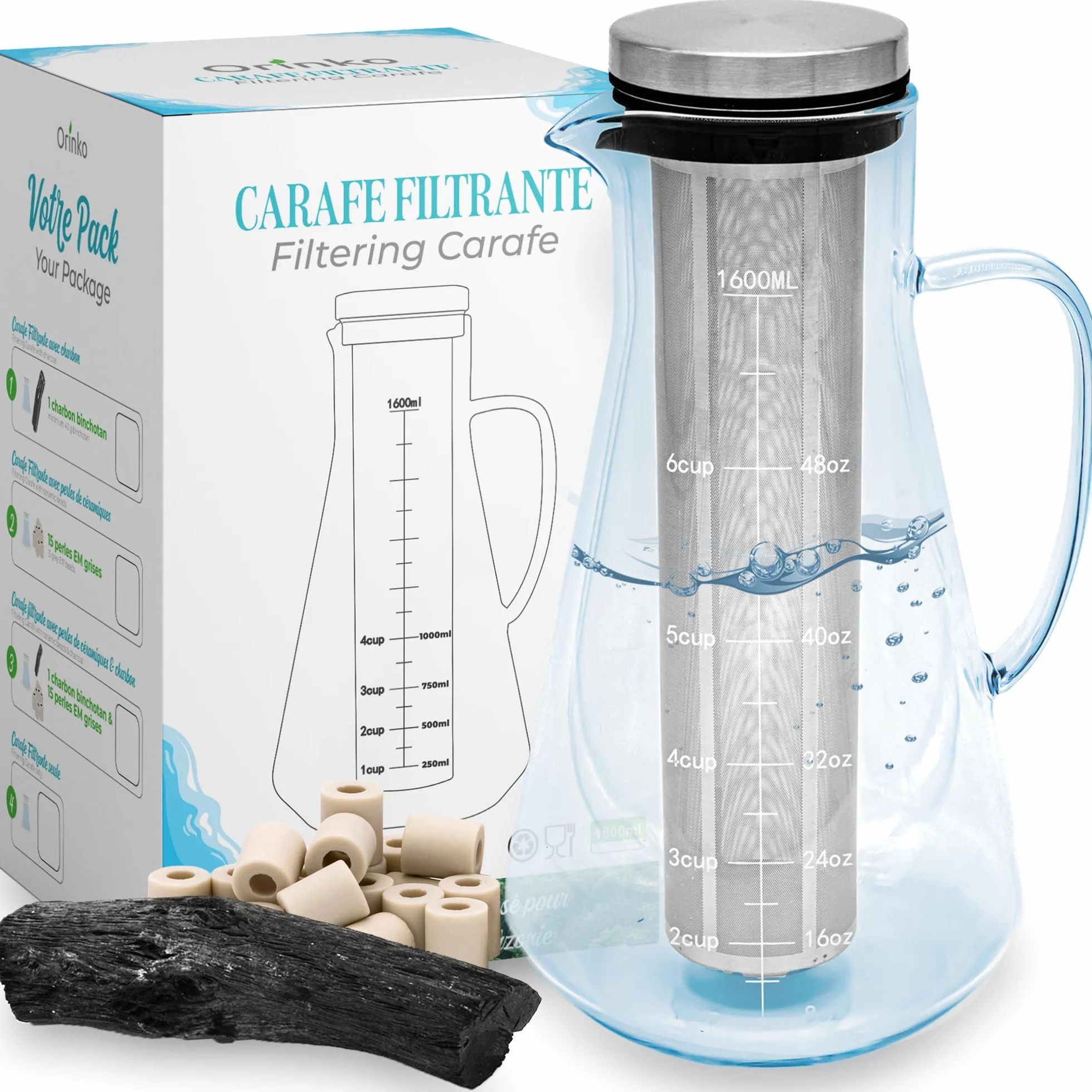 ORINKO® Jarra Cristal con Infusionador 1,6L con Carbón Activado Binchotan y Perlas de Cerámica EM x15 - Filtro Natural para Purificación de Agua - Ideal para Nevera, Café y Bebidas Saludables