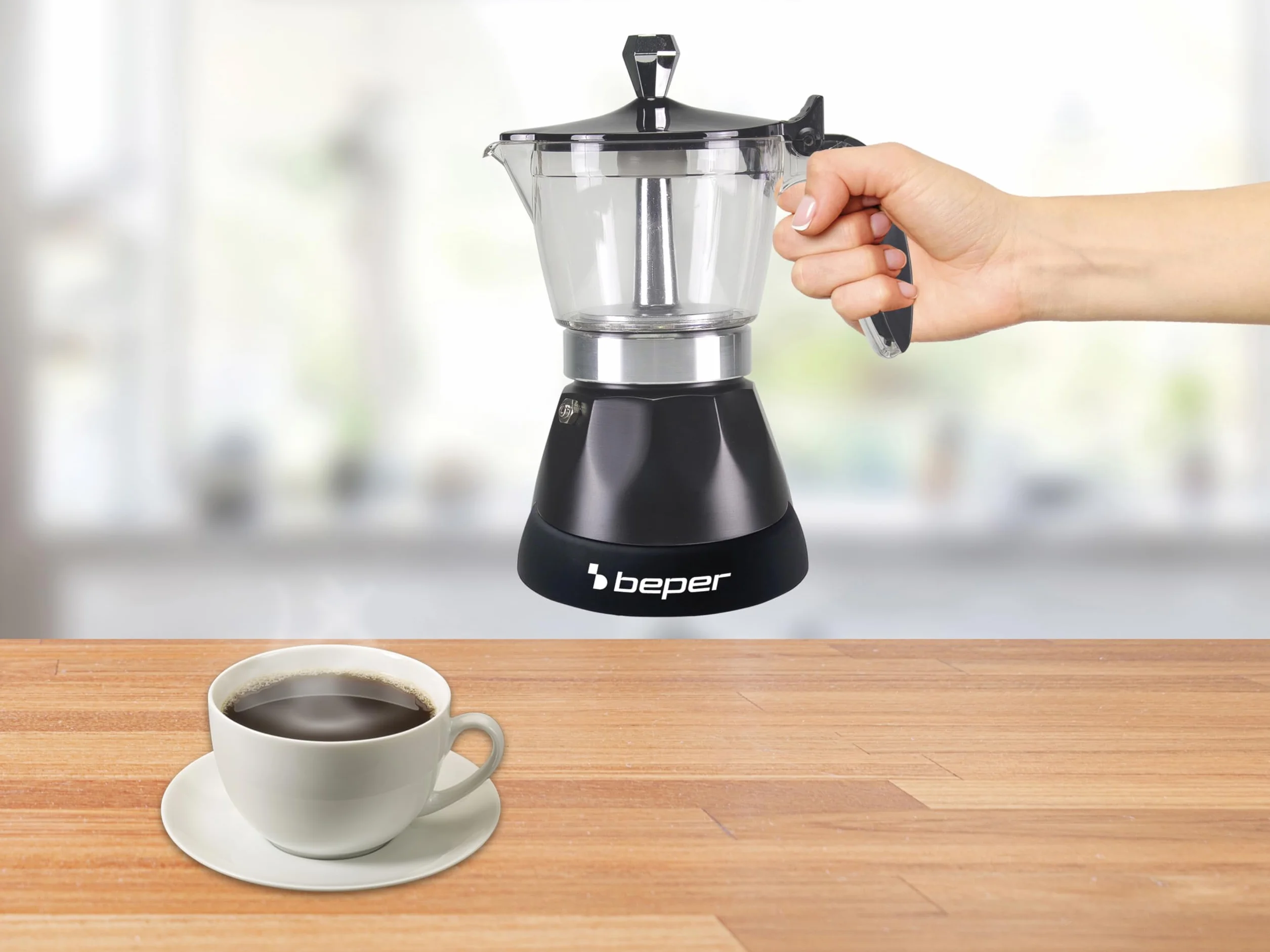 BEPER BC.040N Cafetera Eléctrica Moka Pot, 3 tazas, Auto-Off, Negro