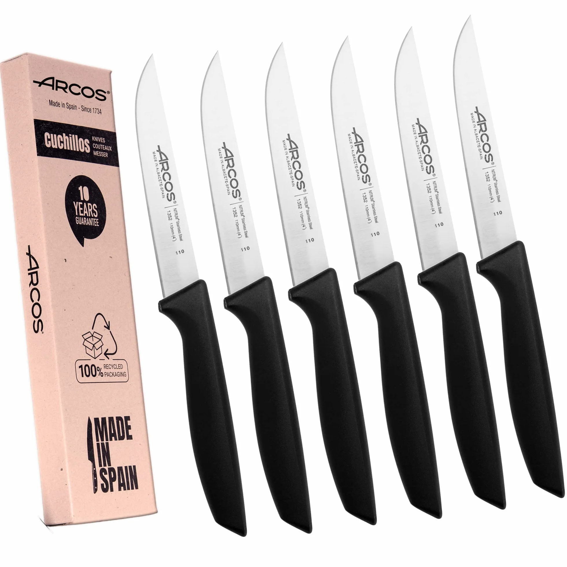 Arcos Series Niza - Juego de Cuchillos Cocina, 6 Piezas, Cuchillos Verduras 110 mm, + Cuchillo Mesa, Envase 100% Ecológico, Acero Inoxidable NITRUM