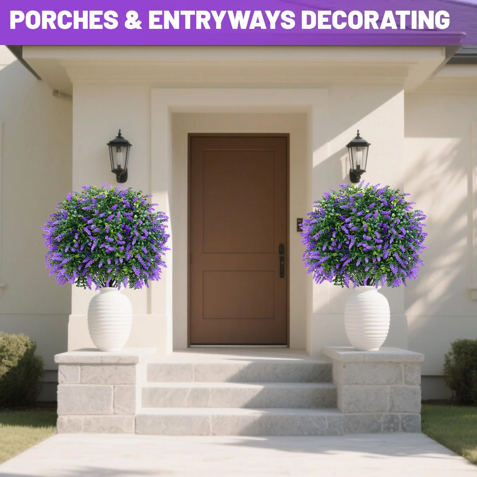 2 bolas topiarias artificiales de lavanda con estaca para el suelo, árbol artificial resistente a los rayos UV para decoración de interiores y exteriores, plantas artificiales para jardín, porche