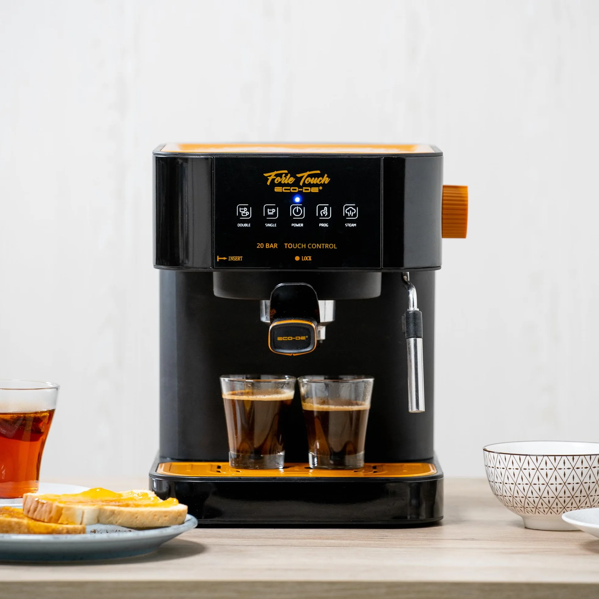 ECODE® Cafetera Express con 20 Bares de Presión y 1050 W, Vaporizador, Deposito de 1.6L, Calientatazas, Panel Táctil, Brazo Doble Salida, Dosificador con Prensador, Mono/Doble dosis - Forte Touch
