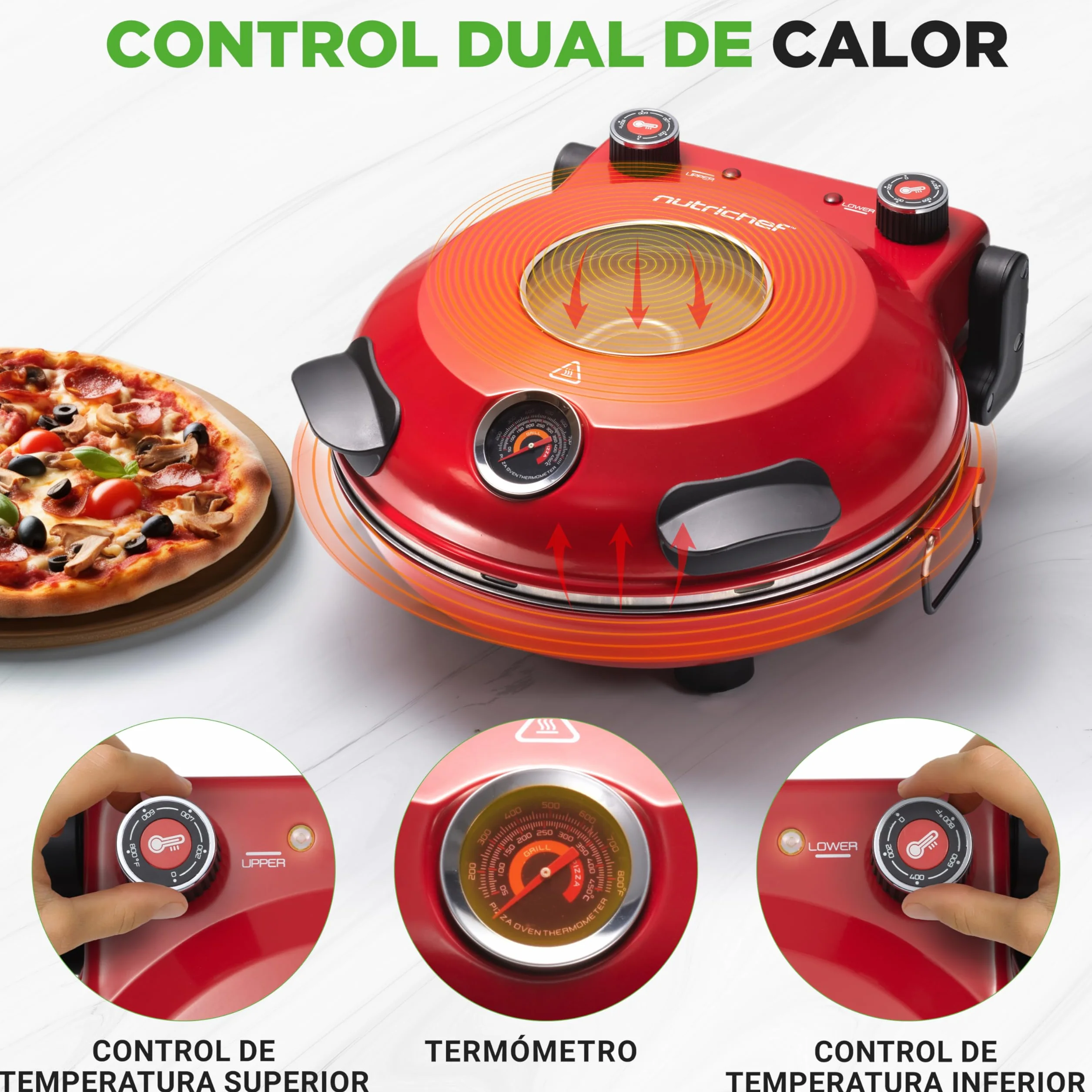 Nutrichef Horno Electrico para Pizza 1200W Control de Temperatura con Termometro Ventana de Visualizacion Antiadherente