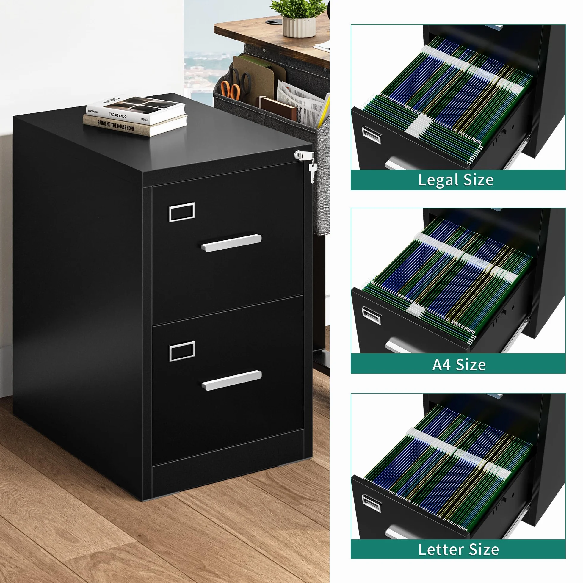 YITAHOME Archivador con cerradura con 2 cajones, archivadores de metal con tarjeta cue para A4, legal, carta, armario de oficina, armario de metal para oficina en casa, archivador colgante, negro, 62