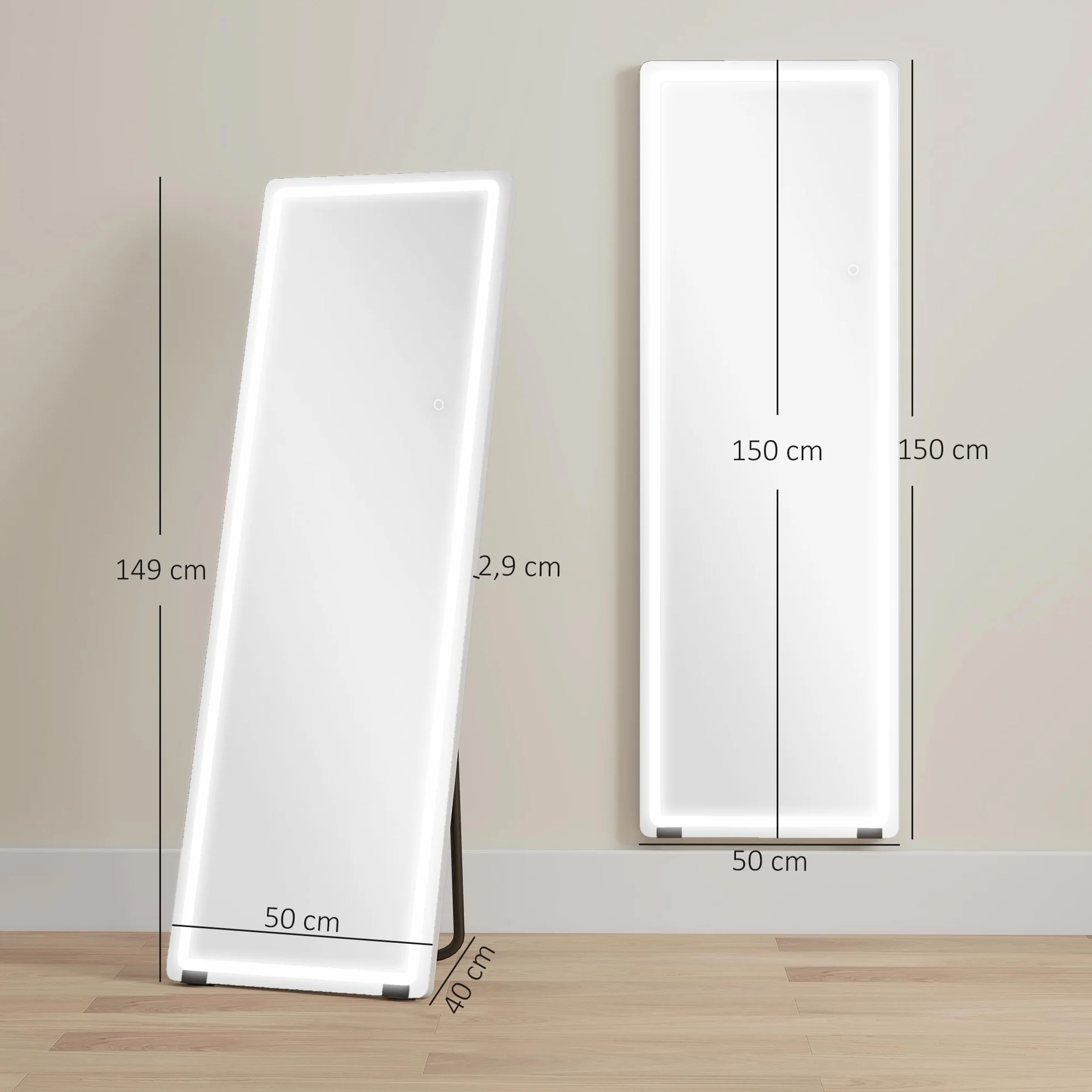 HOMCOM Espejo de Pie Cuerpo Entero con Luces, 150x50 cm, Espejo de Cuerpo Entero sin Marco, 3 Temperaturas de Color, Brillo Ajustable, Independiente, Apoyado y de Pared, para Dormitorio, Transparente