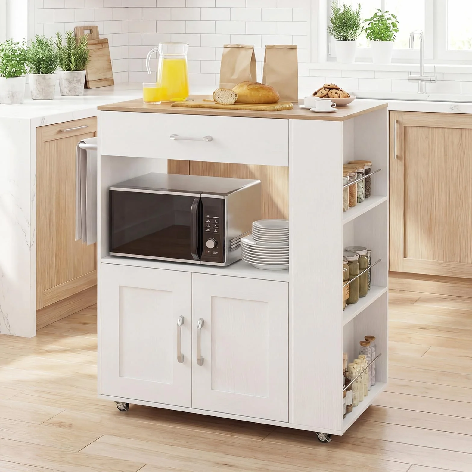 COSTWAY Carrito de Cocina con Ruedas, Armario de Sevicio Rodante con 3 Estantes Abiertos y un Cajón, Armario Grande de 2 Puertas, Carrito de Almacenamiento con Toallero y 2 Ruedas Bloqueables, Blanco