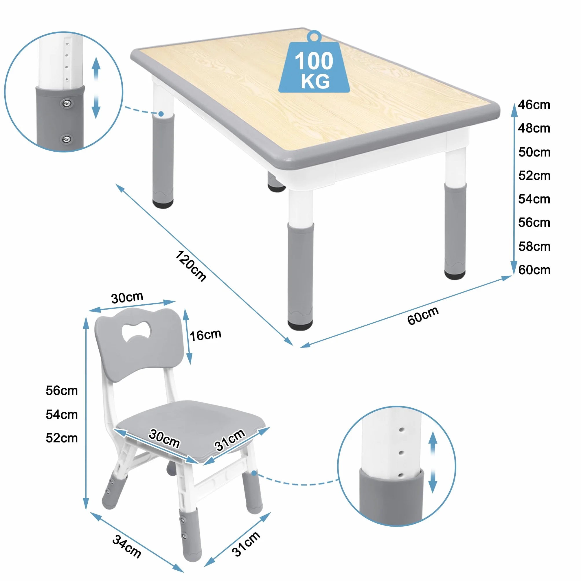 UISEBRT Mesa infantil con 4 sillas, grupo de asientos para niños a partir de 2 años, juego de mesa de plástico para guarderías y habitaciones infantiles, color gris