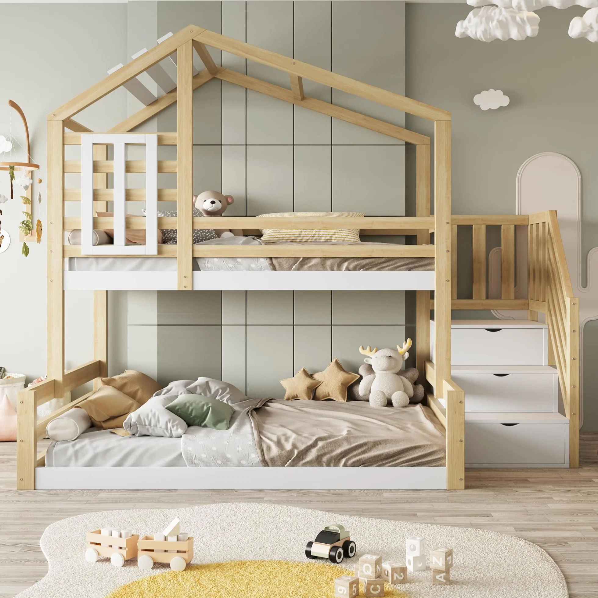 LAKFEW Litera 90(140)x200 cm con Escalera Almacenaje y Diseño de Techo, Cama Infantil para 2 Niños, Cama Litera Matrimonio con Barandilla Anticaída y Ventana, Literas Infantiles, Natural, Sin Colchón