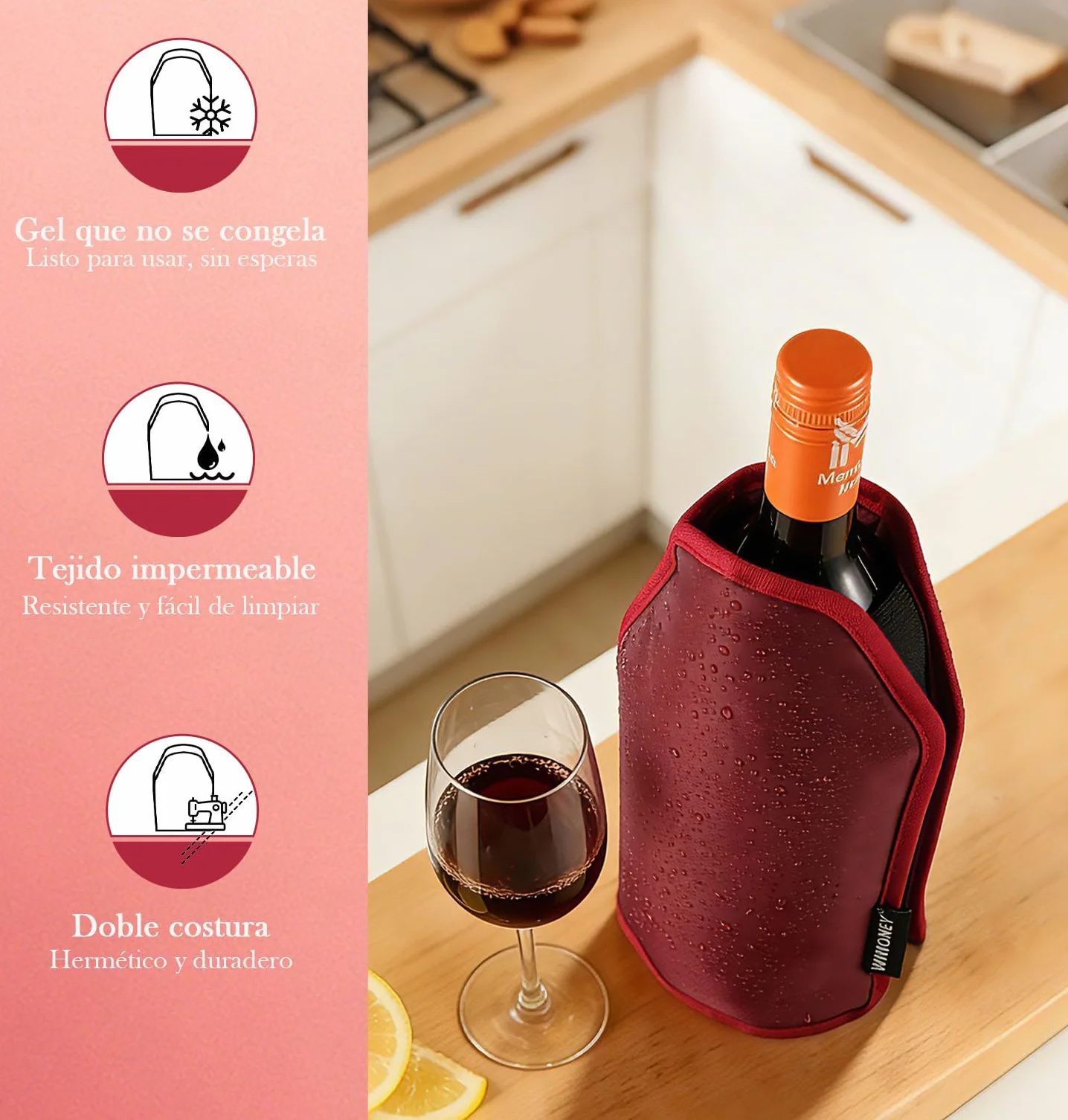 Enfriadora de Botellas de Vino Magnum, Funda Enfriadora de Gel No Congelable, Nailon, Rojo Vino
