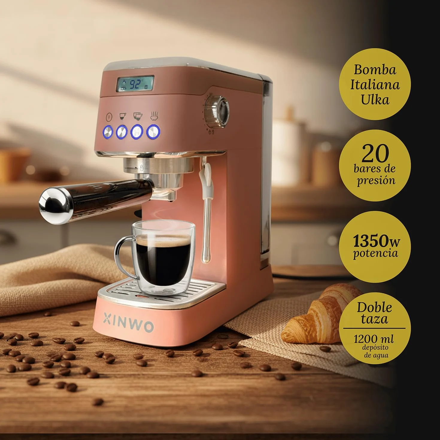 Cafetera Hanoi - Cafetera Express para Espresso y Cappuccino, 1350W, 20 Bares, Vaporizador, Brazo Portafiltros con Doble salida y 2 Filtros, Depósito Agua 1.2L, Calientatazas, Accesorios - Moca