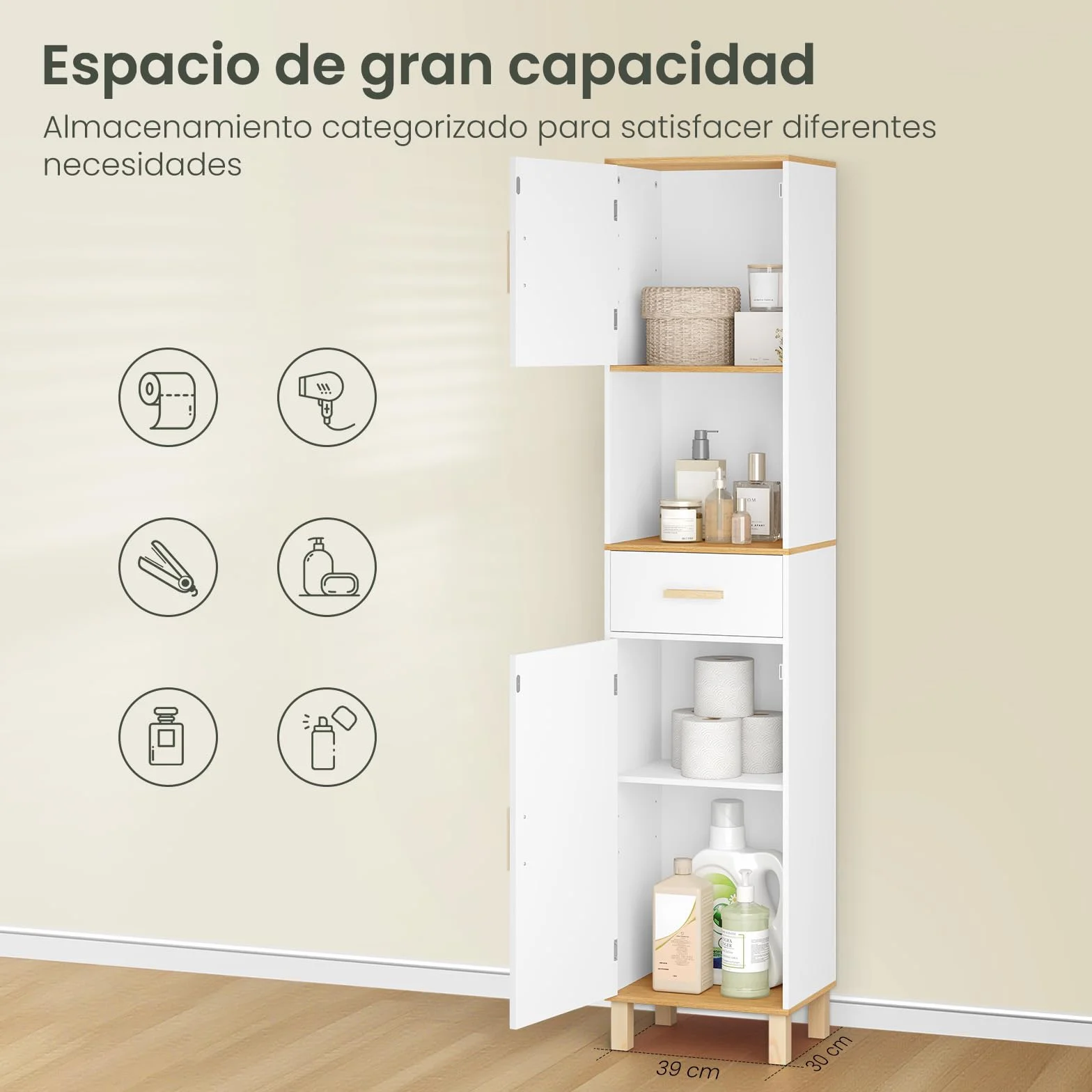 EUGAD Armario Baño Alto, Armario Columna de Almacenamiento, Mueble Baño Blanco con 2 Puertas, 4 Compartimentos Interiores, 1 Compartimento Abierto y 1 Cajón, MDF, 39x30x179 cm
