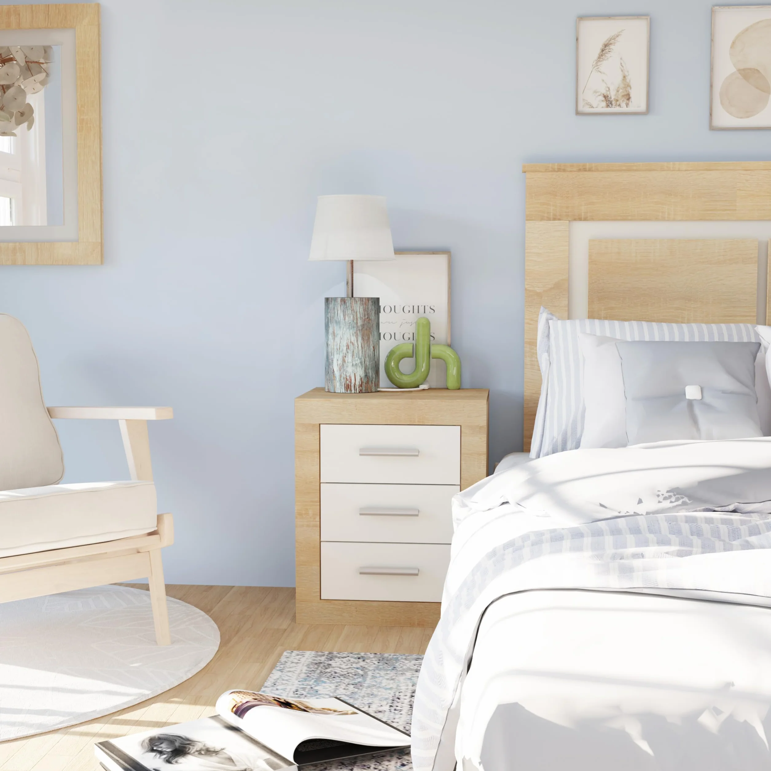 duehome | Conjunto de Dormitorio Kira 4c - Cabecero + 2 Mesitas de Noche + Comoda y Espejo, Acabado en Cambria y Blanco