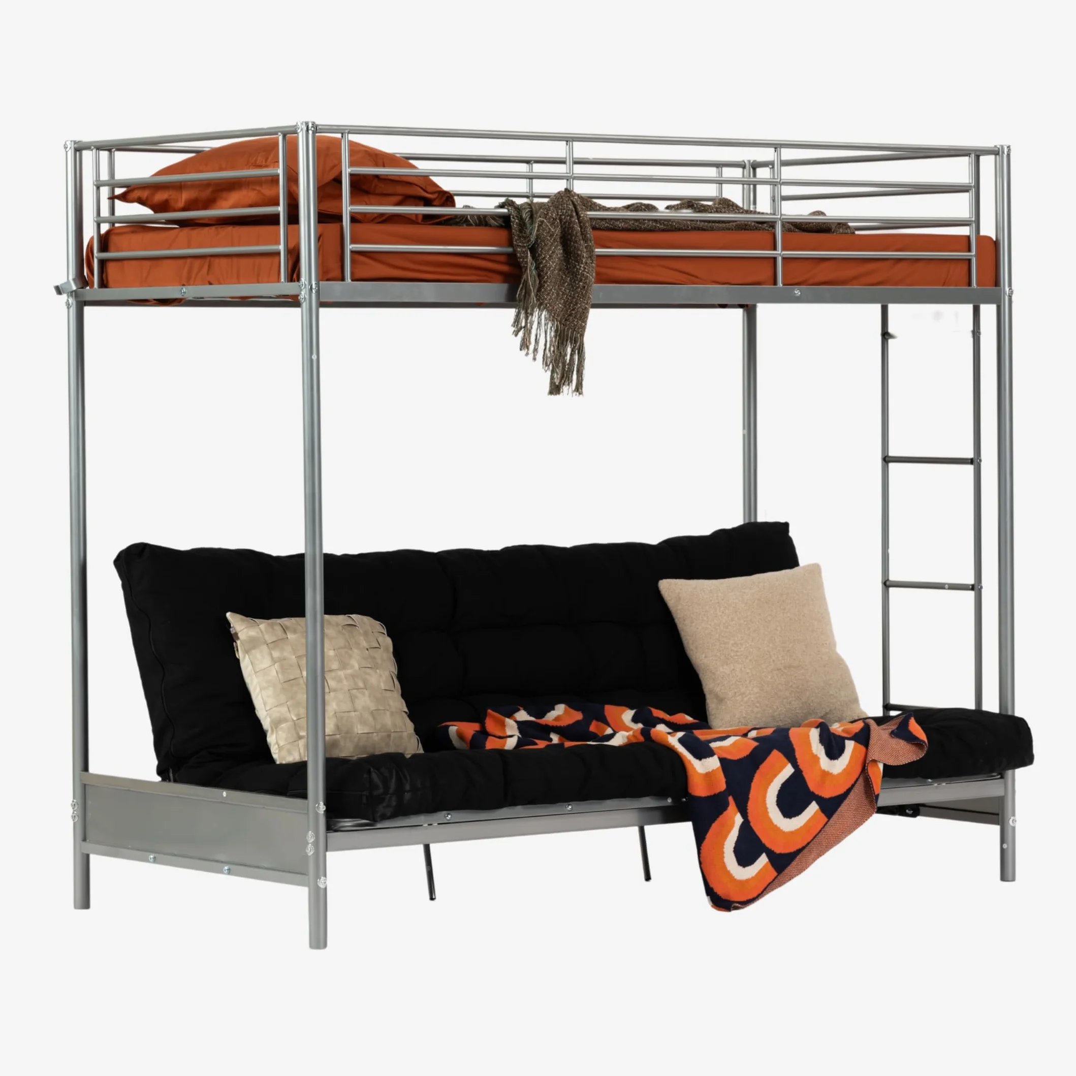 MEUBLE Cosy Literas Juveniles 90x190cm Marco de Cama con Sofá Plegable y Futón y Somier de Lamas de Metal, Estilo Industrial, para Dormitorio Infantil Hogar, Gris