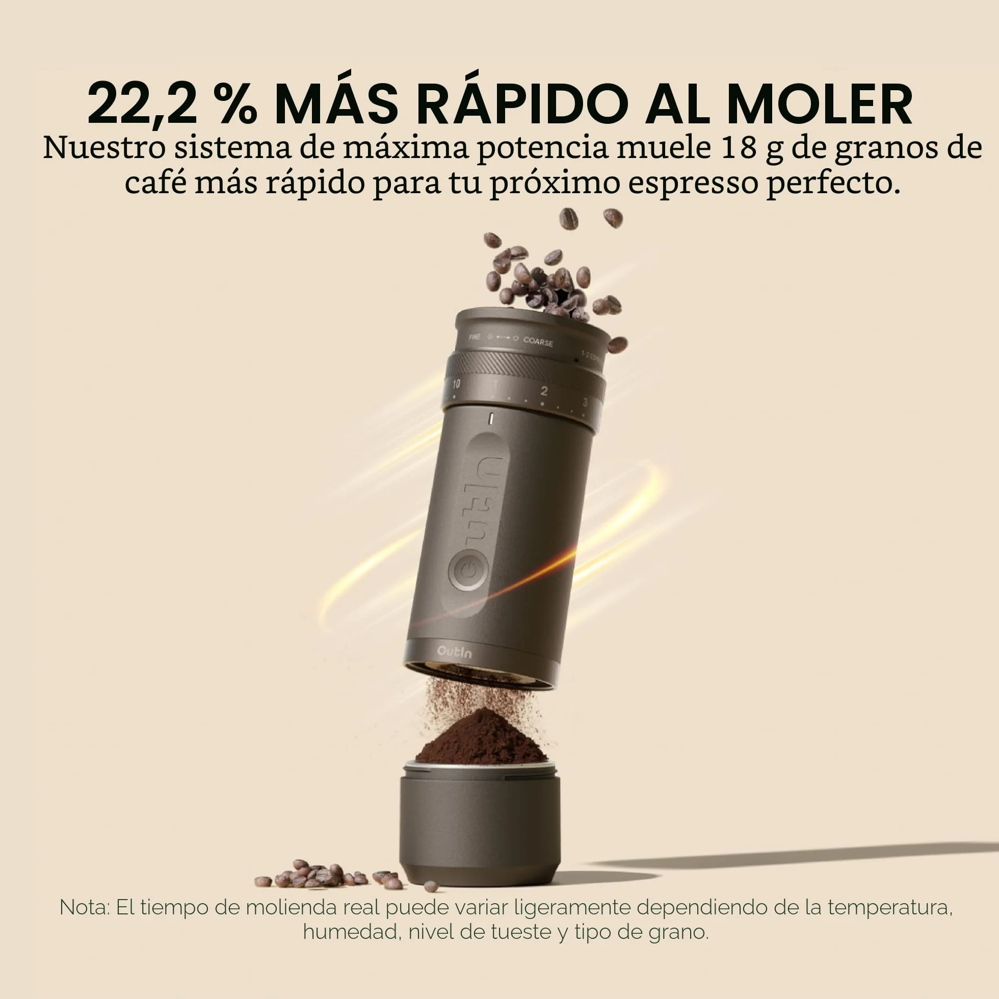 OutIn Fino Molinillo de café eléctrico portátil, molinillo de granos de café ajustable con 28 ajustes de molienda precisos, molinillo de café con rebaba de un botón con batería de carga rápida
