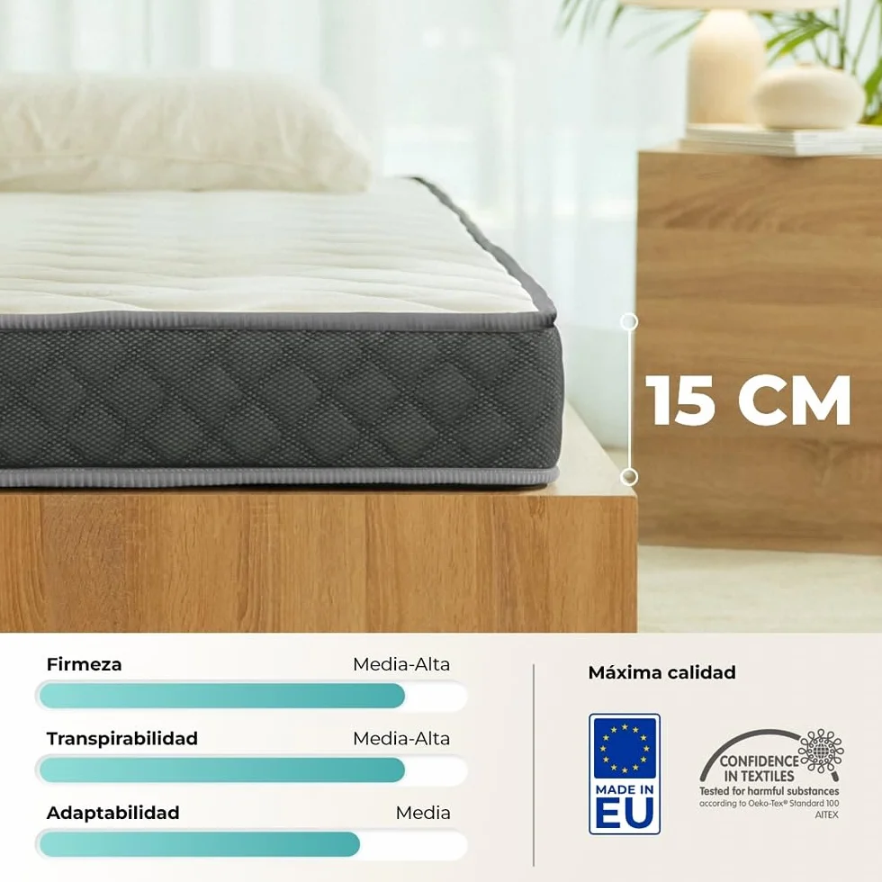 Don Descanso - Colchón 90x200 Viscoelastico Mulhacen DualSense, Altura ± 15cm. Multicapa con Núcleo GravityFoam, Firmeza Alta, Doble Cara Invierno/Verano, Transpirable. Fabricado en España, Gris