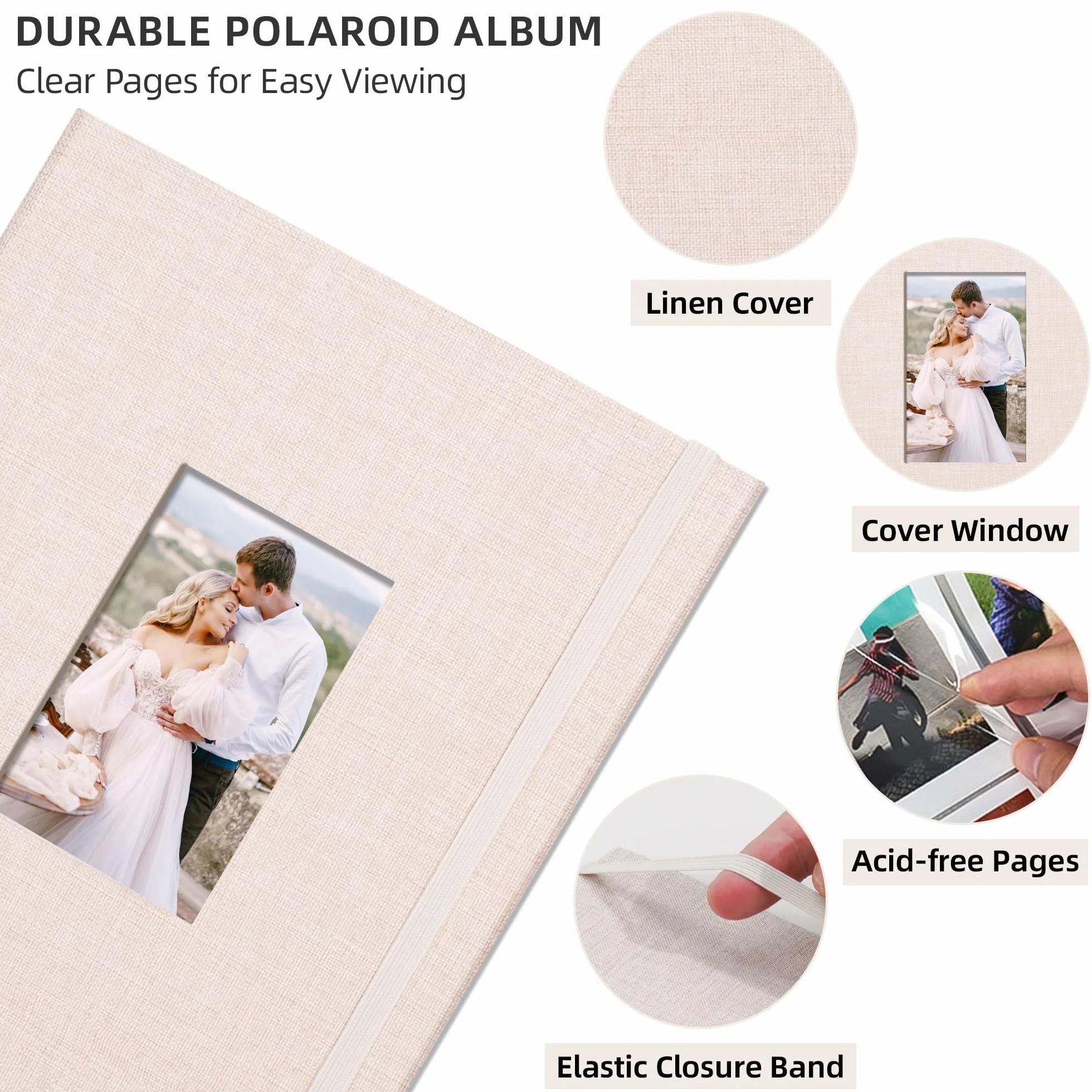 Vienrose Mini Álbum de Fotos Polaroid 104 Bolsillos 86x54mm, Compatible con Fujifilm Instax Mini, Polaroid Snap, Kodak y HP Sprocket, Ideal para Bodas y Recuerdos Familiares, Beige Paquete de 1