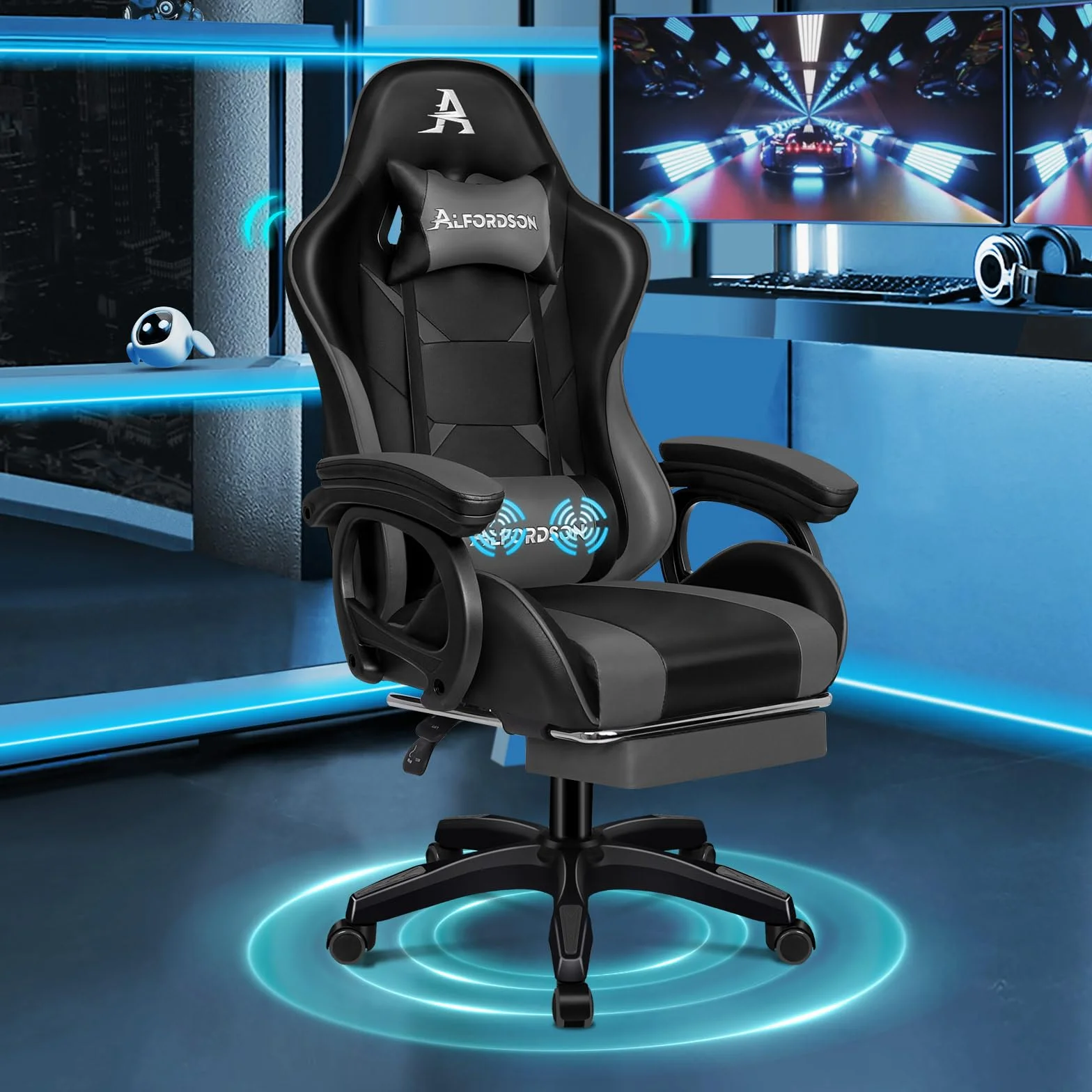 ALFORDSON Silla Gaming Ergonómica Reclinable con Masajeador, Cuero PU Gris