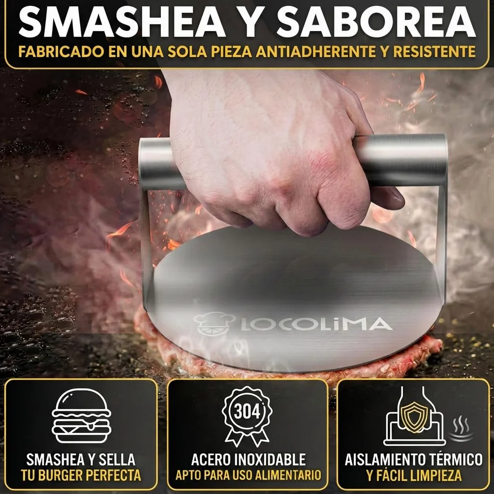 Smash Burger Kit 5 Piezas Prensa Hamburguesas Acero Inoxidable Espátula Campana Fundir