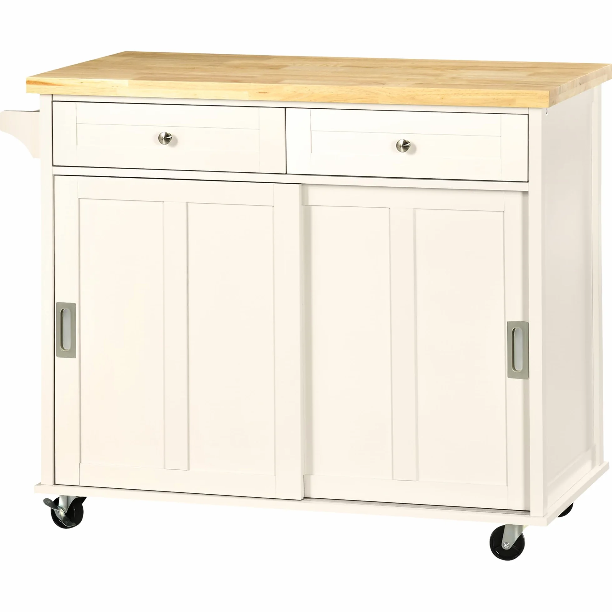 HOMCOM Carrito de Cocina Isla de Cocina Multifuncional con 4 Ruedas 2 Puertas Correderas 2 Cajones Estantes Ajustables y Barra de Colgar para Comedor Sala 110x49,5x89,5 cm Crema