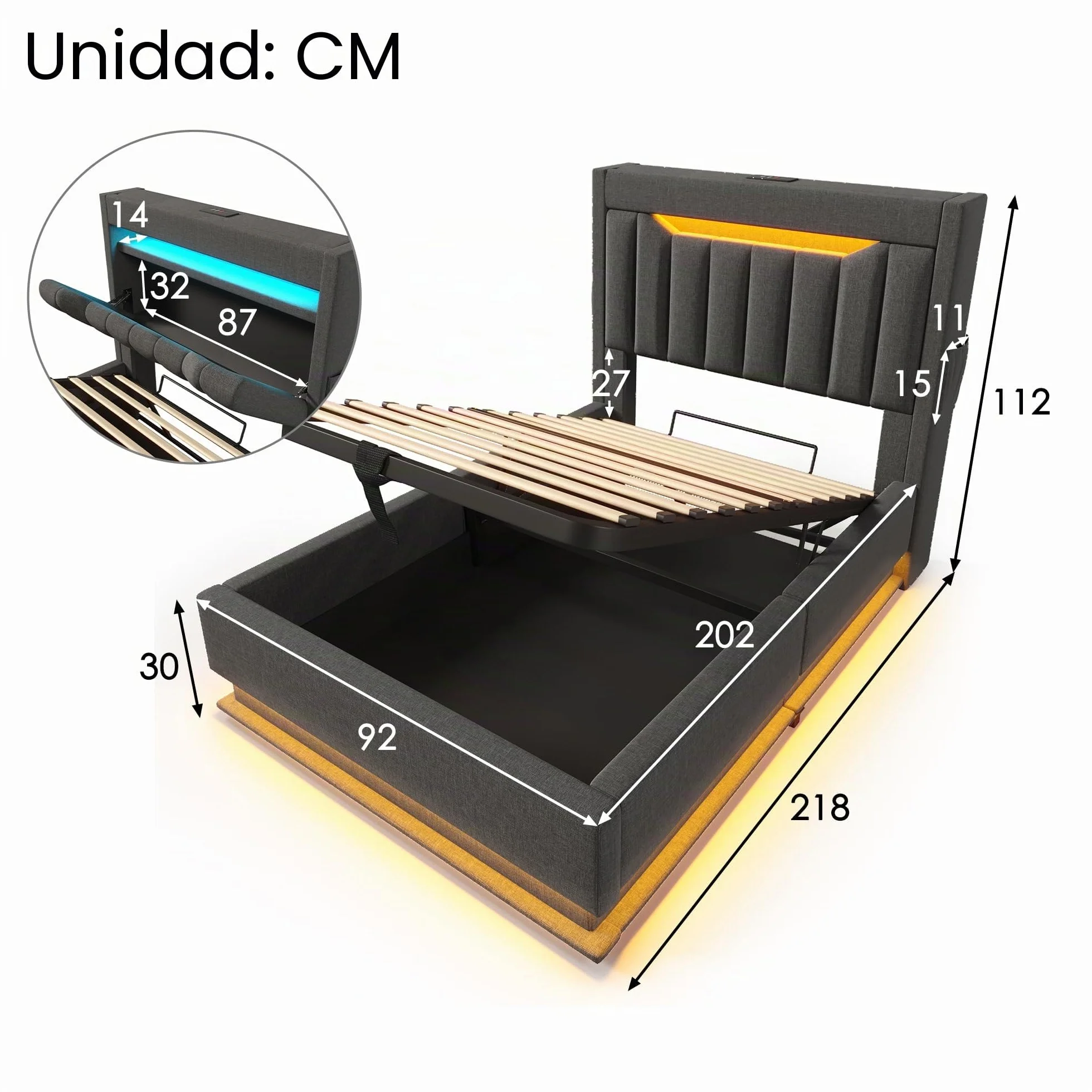 Cama LED Huayz 90x200 con almacenamiento y carga USB