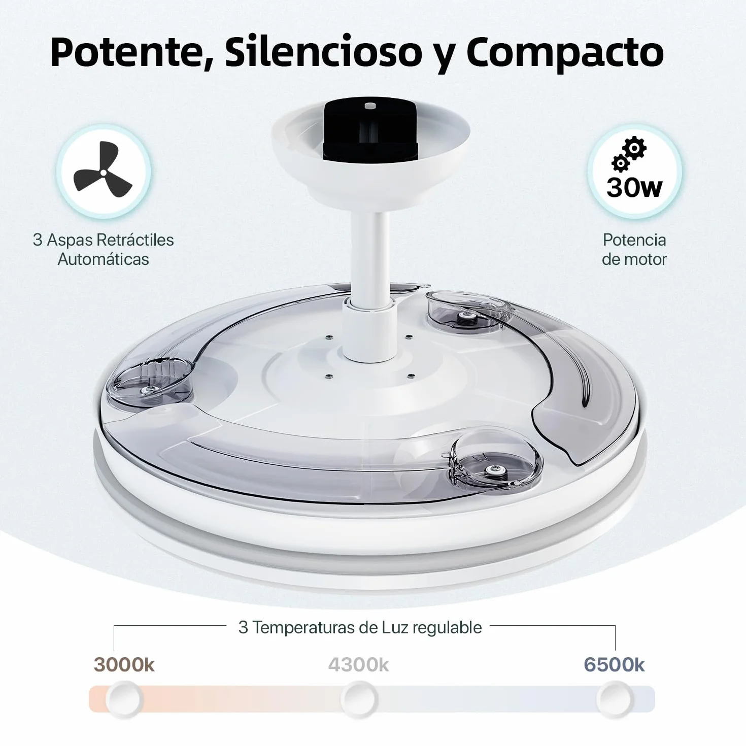 Ventilador de techo con luz LED 3 aspas retráctiles Motor DC 30W+42W 6 velocidades temporizador 3 temperaturas de luz silencioso 50CM