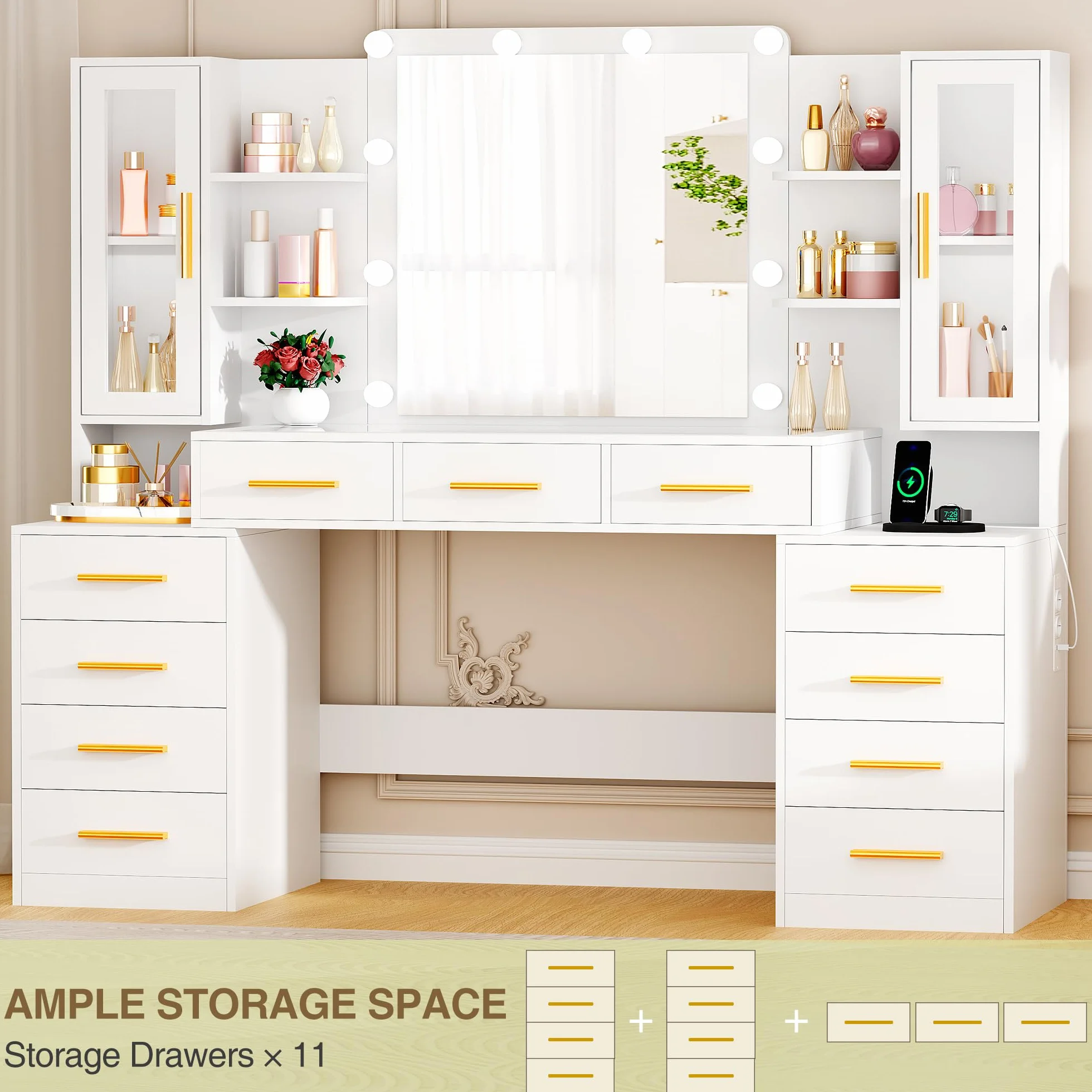 ANWBROAD Grande Tocador con Espejo y Luz, Mesa de Maquillaje con 11 Cajones y Enchufes, Blanco BDT27W
