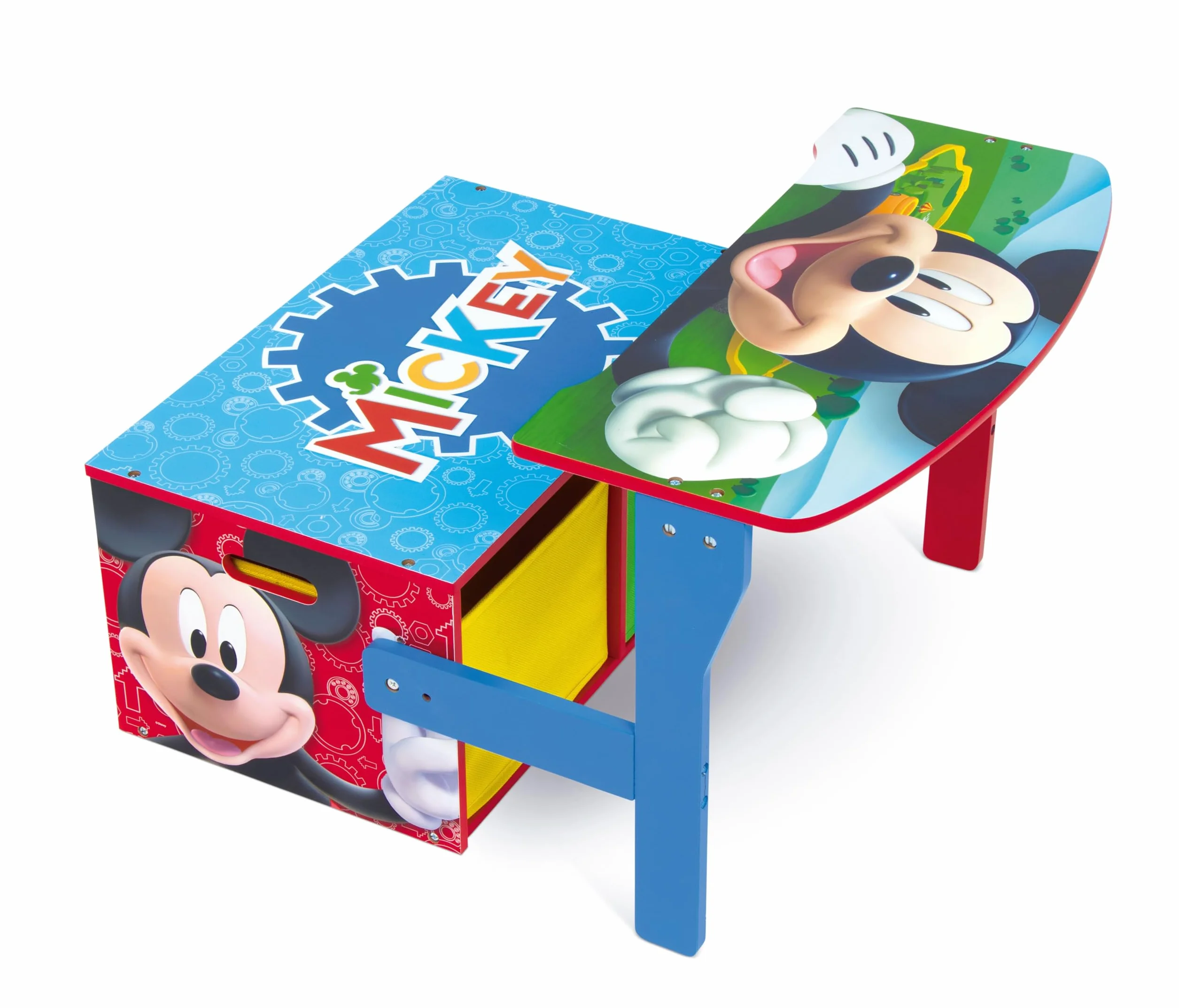 Banco pupitre infantil de madera convertible en escritorio con almacenaje inferior Mickey Mouse Disney 60x47x56cm Rojo Azul