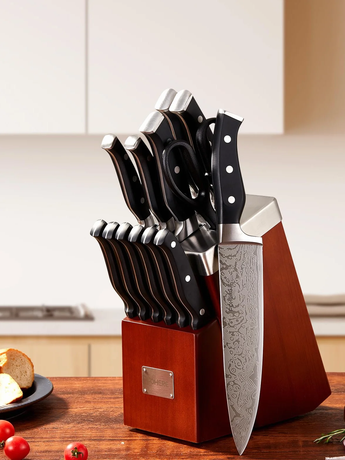 FOHERE Juegos de Cuchillos de Cocina con Auto-afilables, 14 Piezas, Bloque de Cuchillos con Mango Ergonómico y Acero Inoxidable, Bloque de Madera