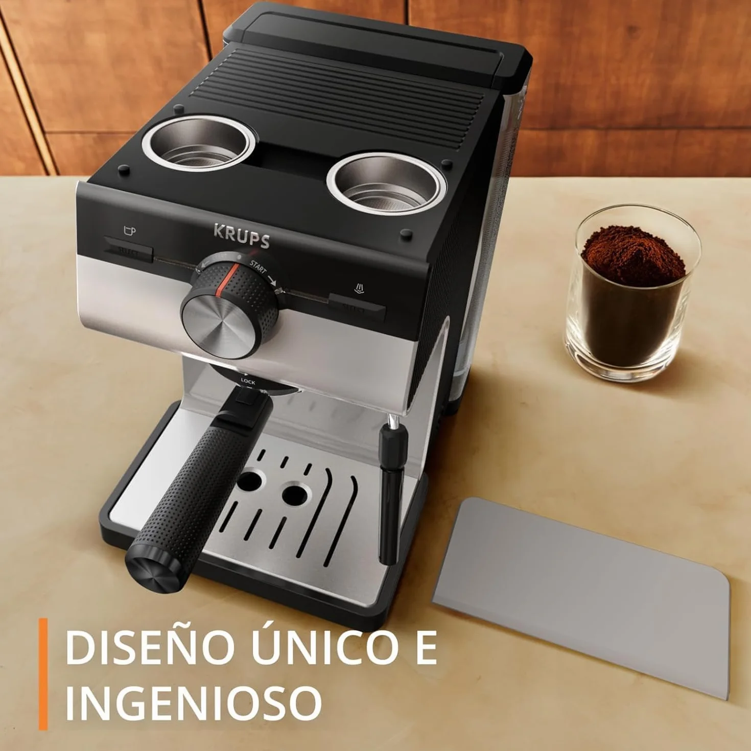 Krups Authentic, Cafetera Espresso Manual, 15 bares de presión, Espumador de leche, Ajuste Manual, Cuchara Medidora y Compactadora, depósito de 2 L de capacidad, Inox, XP381B
