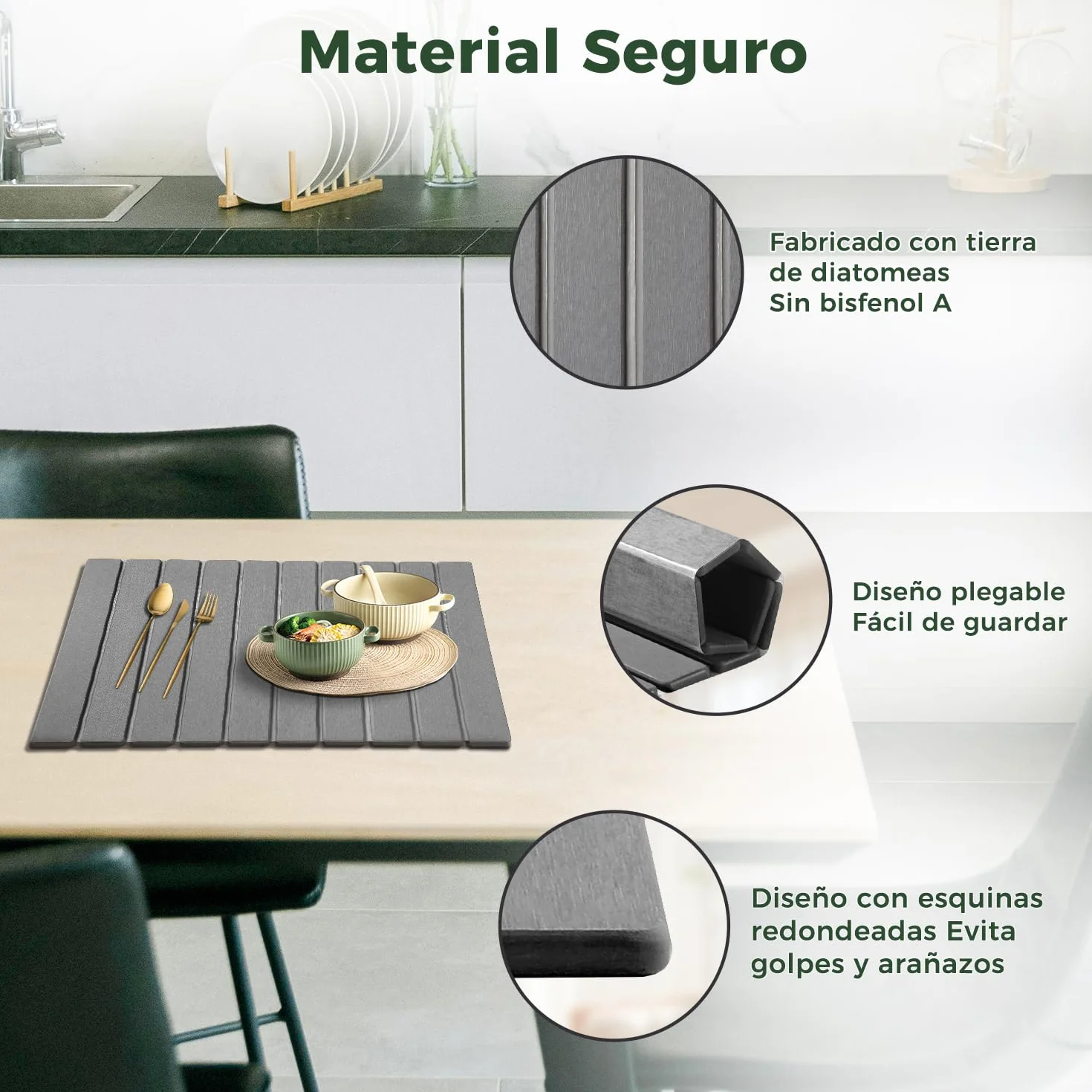 Alfombrilla Escurreplatos Plegable Absorbente Piedra Secado Rápido 60x40cm Gris Oscuro