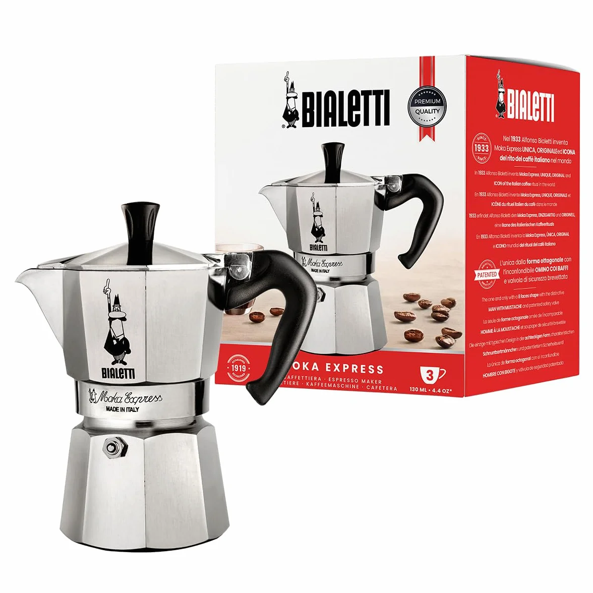 Bialetti Moka Express 3 Tazas Cafetera Italiana Espresso Aluminio Plata 130 Ml