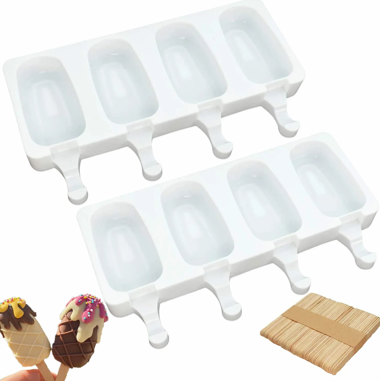 Moldes Helados Silicona sin BPA, 4 Cavidades con 50 Palos Madera, 2 Unidades