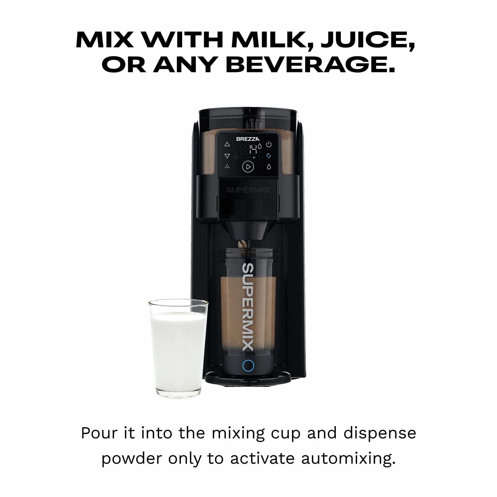BREZZA Supermix - Máquina automática de batidos de proteínas, dispensador eléctrico de polvo y sistema de taza de mezcla, Tritan sin BPA de 24 onzas, 95% de precisión, batidos sin grumos en 25