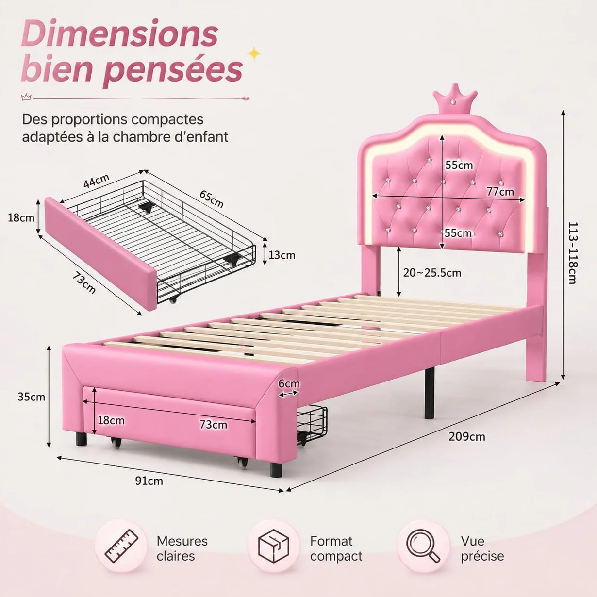 Cama para Niña 90x200 con LED RGB, Regulable en Altura, Cama Individual con contenedor, Cama Infantil, en Forma de Corona, Somier de Láminas de Madera, PU, Sin colchón (Rose-C, 90x200 cm)