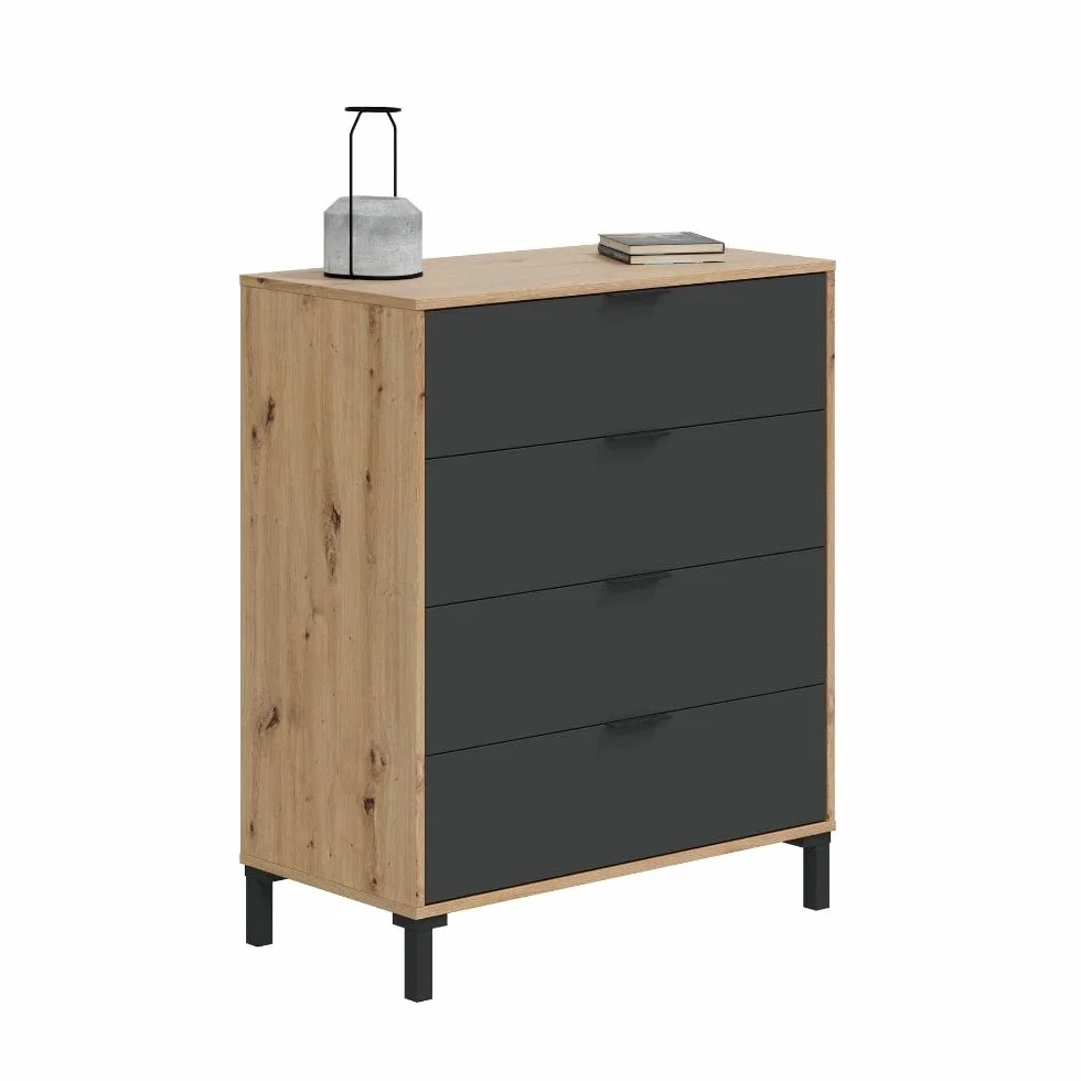 Mobelcenter, Conjunto Dormitorio Matrimonio Enzo, Color Roble Nodi y Gris Antracita, Cabezal para Camas de 135 y 150 cm, 2 Mesitas 3 cajones y Cómoda 4 cajones (1327, 1328)