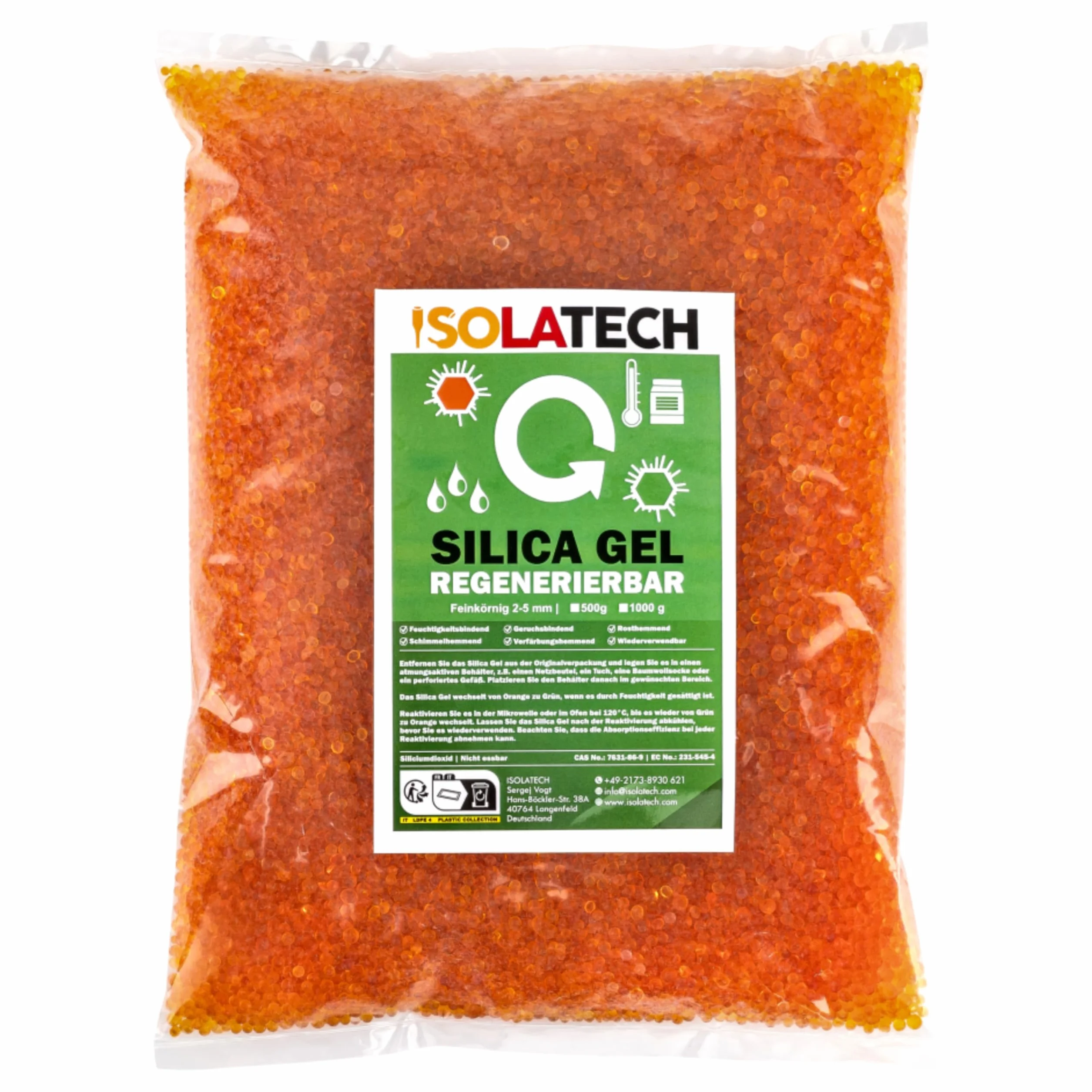 ISOLATECH Silica Gel regenerable desecante naranja 0,9 kg bolsa Silicagel de deshumidificador Gel de sílice, también apto como secador de filamento
