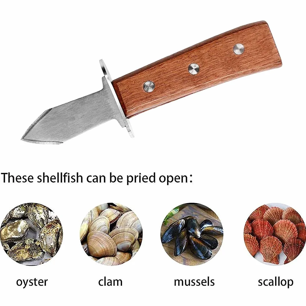 Abre Ostras Set, con 6,7 Pulgada Cuchillo Ostras y Par de Guantes Resistentes a Cortes de Grado 5, Mango de Roble de Grado A, Triple Remache Reforzado, para Mariscos o Queso Duro (Guante Tamaño L)