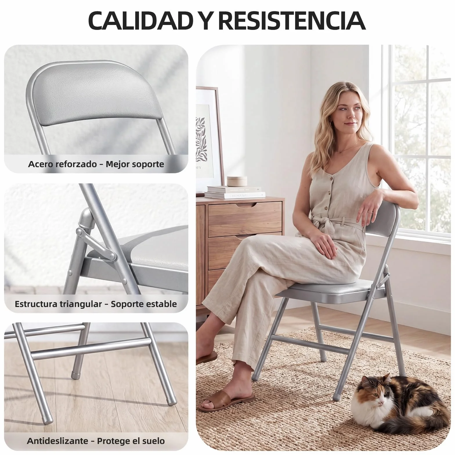 Juego de 4 sillas Plegables Acolchadas con Capacidad de Carga de hasta 158 kg, sillas Plegables de Metal con Fuerte Marco de Acero, sillas Plegables para Cocina, Comedor, Interior y Exterior