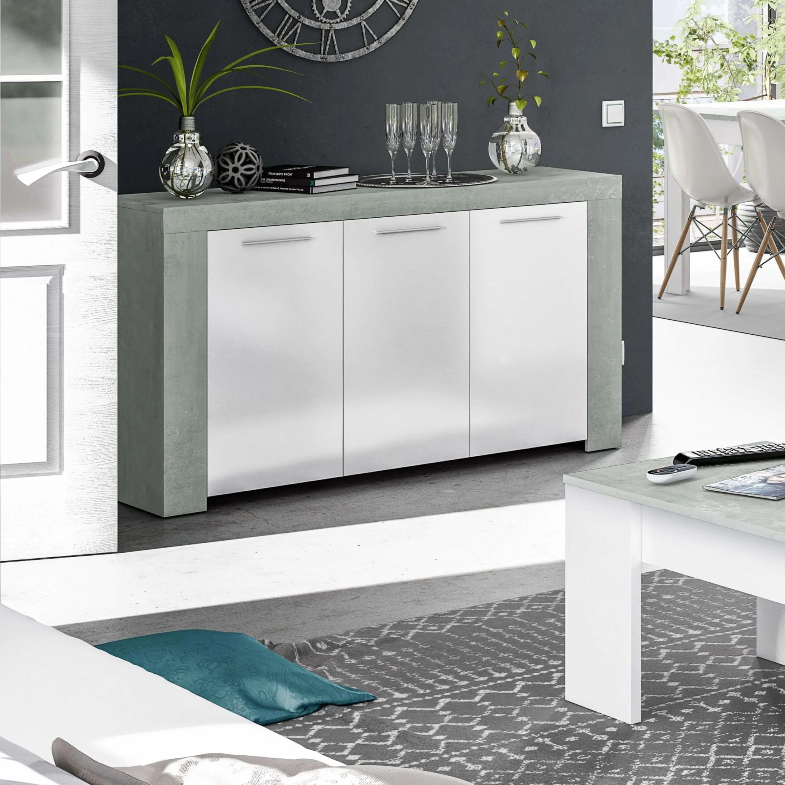 Habitdesign, Aparador, Buffet Moderno, Armario Auxiliar Comedor, Modelo Ambit, Color Blanco Artik y Gris Cemento, Medidas: 144 cm (Largo) x 42 cm (Fondo) x 80 cm (Alto)