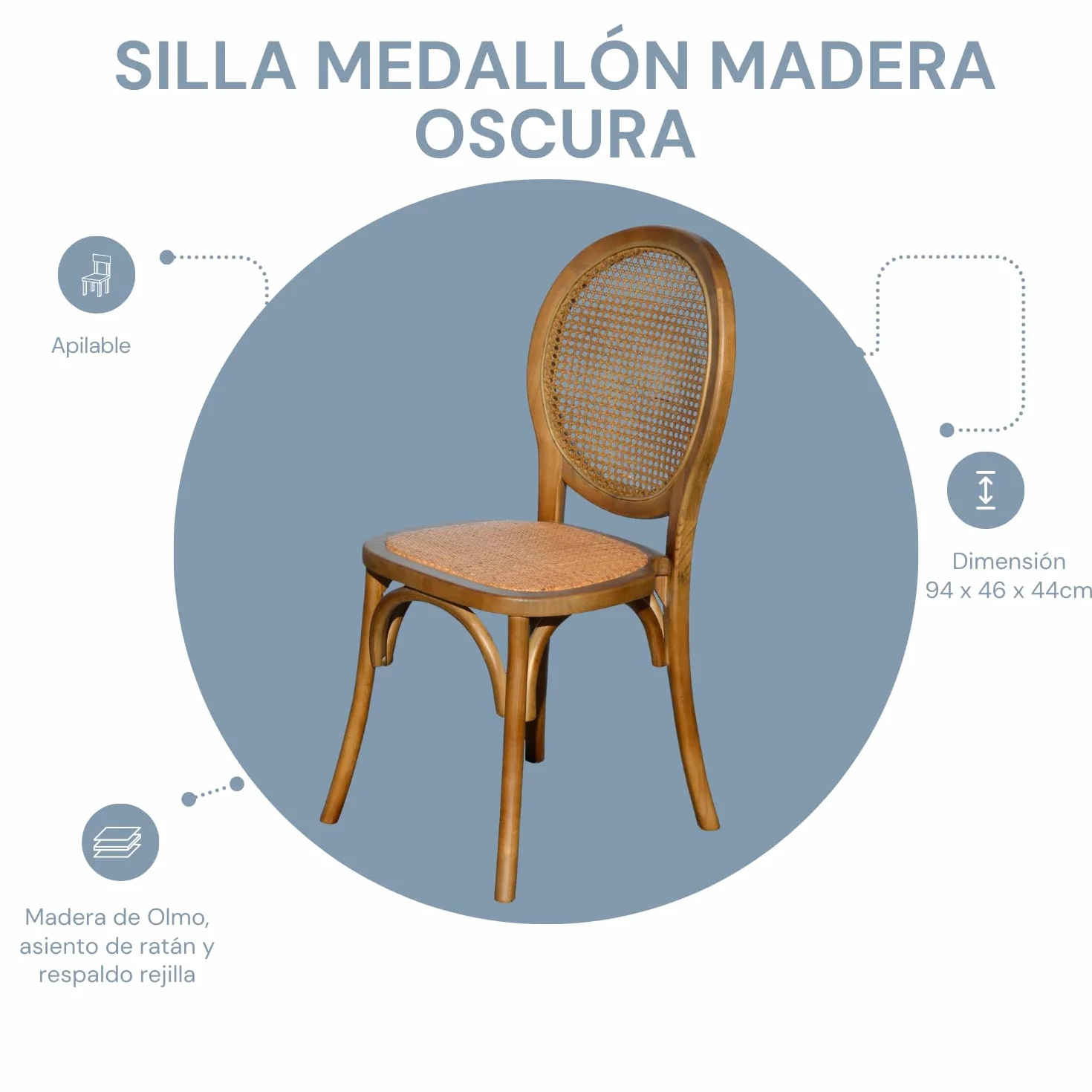 EME Silla Medallón Madera Oscura de Olmo con Asiento de ratán Natural y Respaldo de Rejilla. Incluye 1 Unidad. Silla apilable, con Acabado rústico.