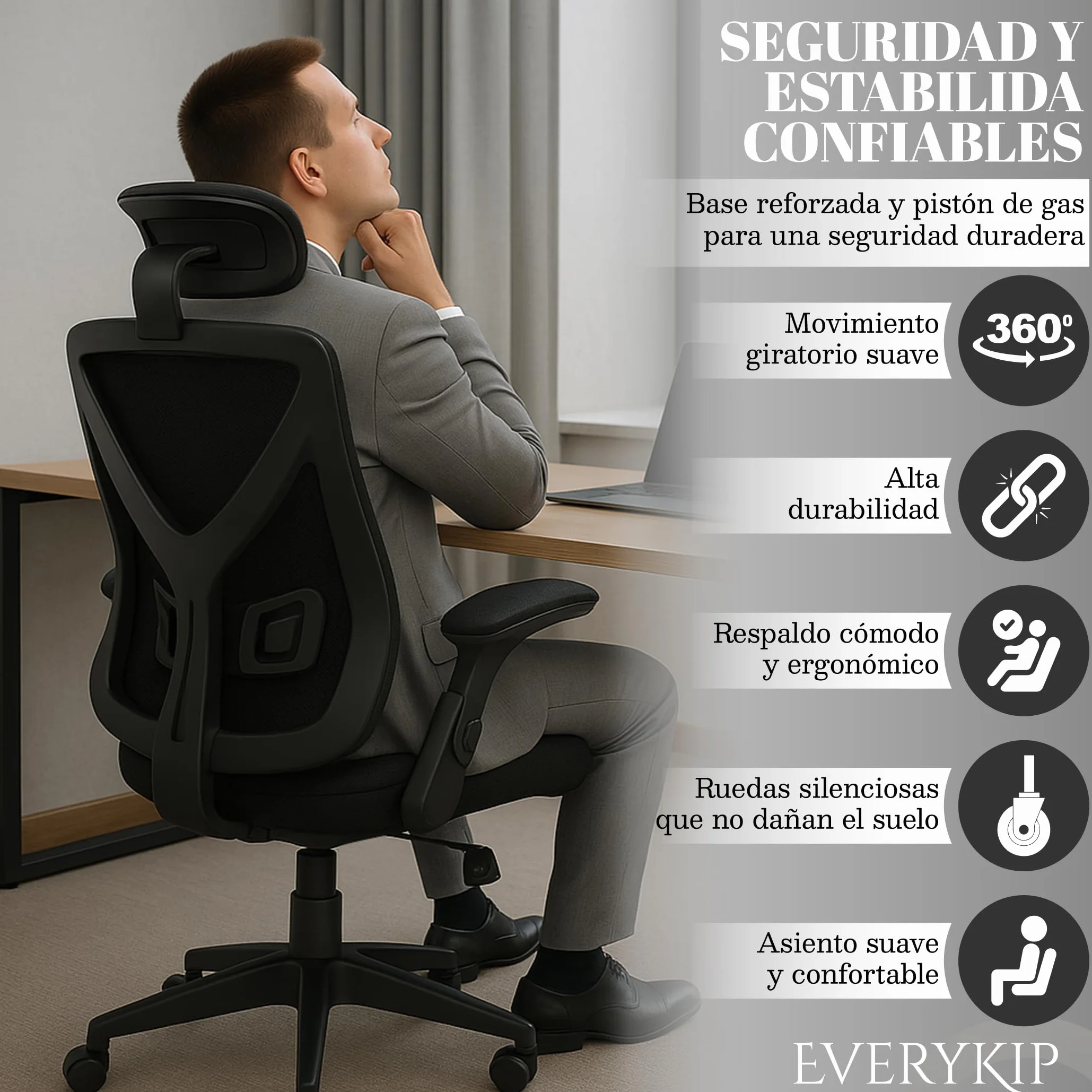 EveryKip Silla Escritorio Ergonomica Ajustable con Reposabrazos Beige Ruedas Anti-Arañazos Sillas Oficina Ejecutiva con Reposacabezas Negro
