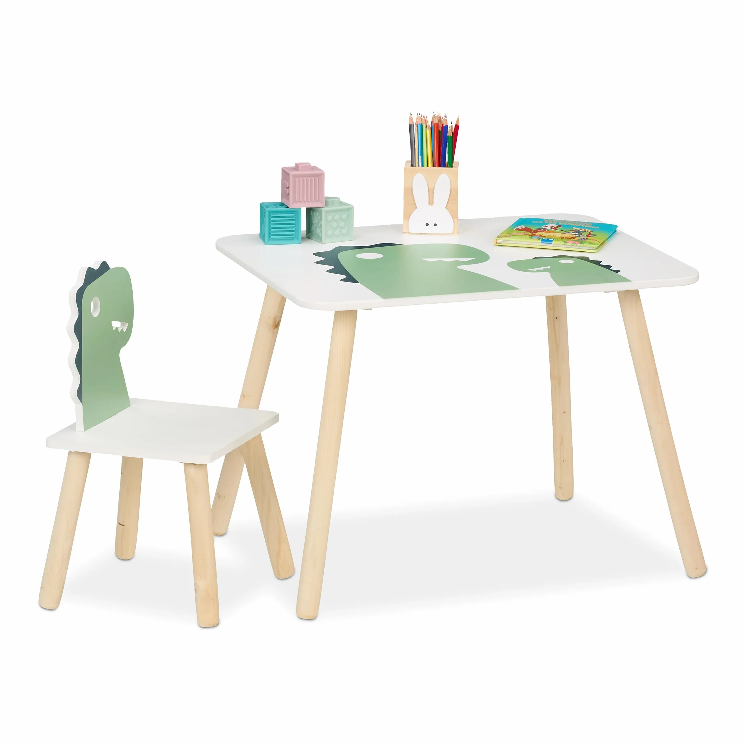 Relaxdays Dinosaurio Mesa y Silla Infantil Set 2 Muebles Dormitorio Blanco/Verde