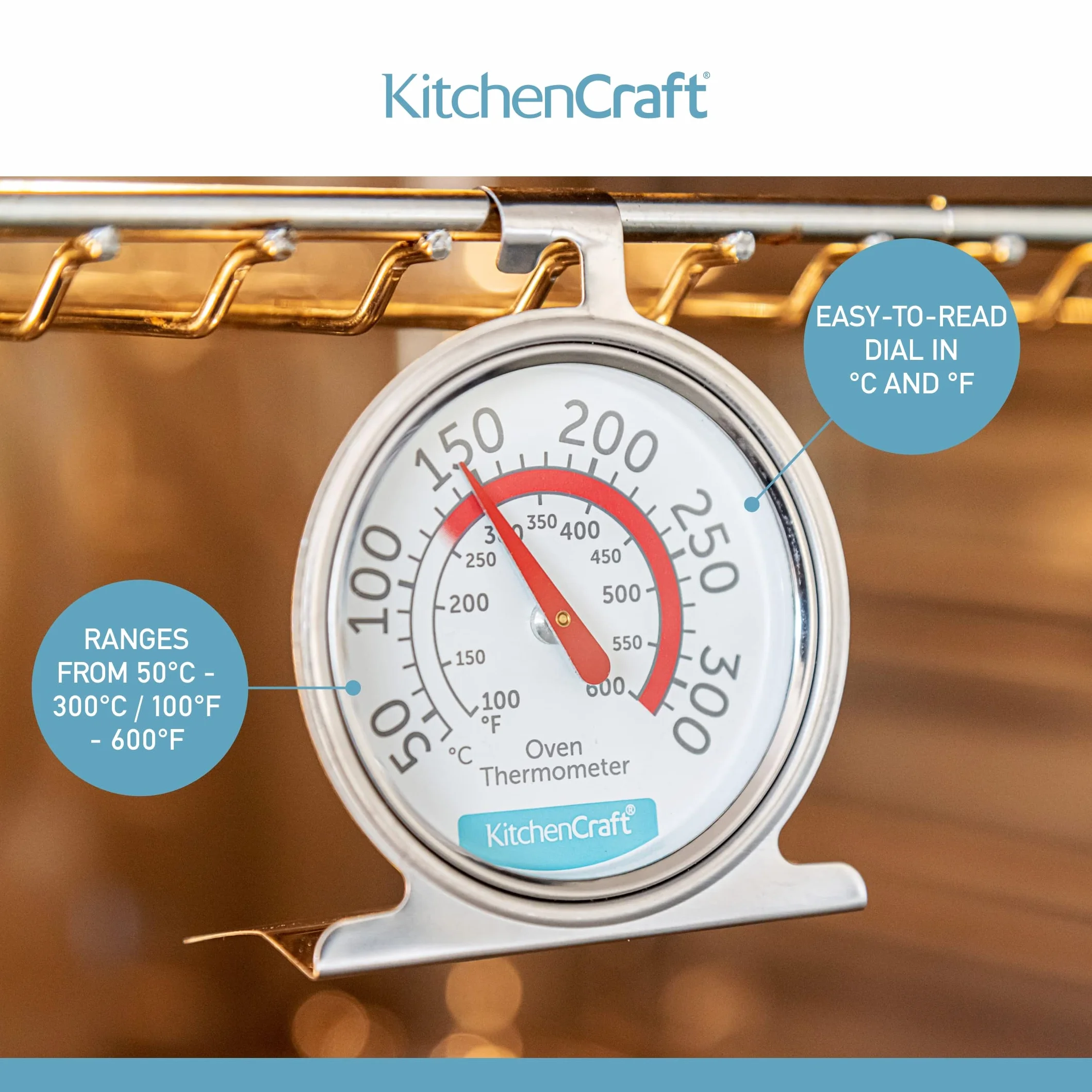 Kitchencraft Termómetro para horno 50ºC a 300ºC, Acero, Plateado, 4.3x6.6x8 cm, una unidad