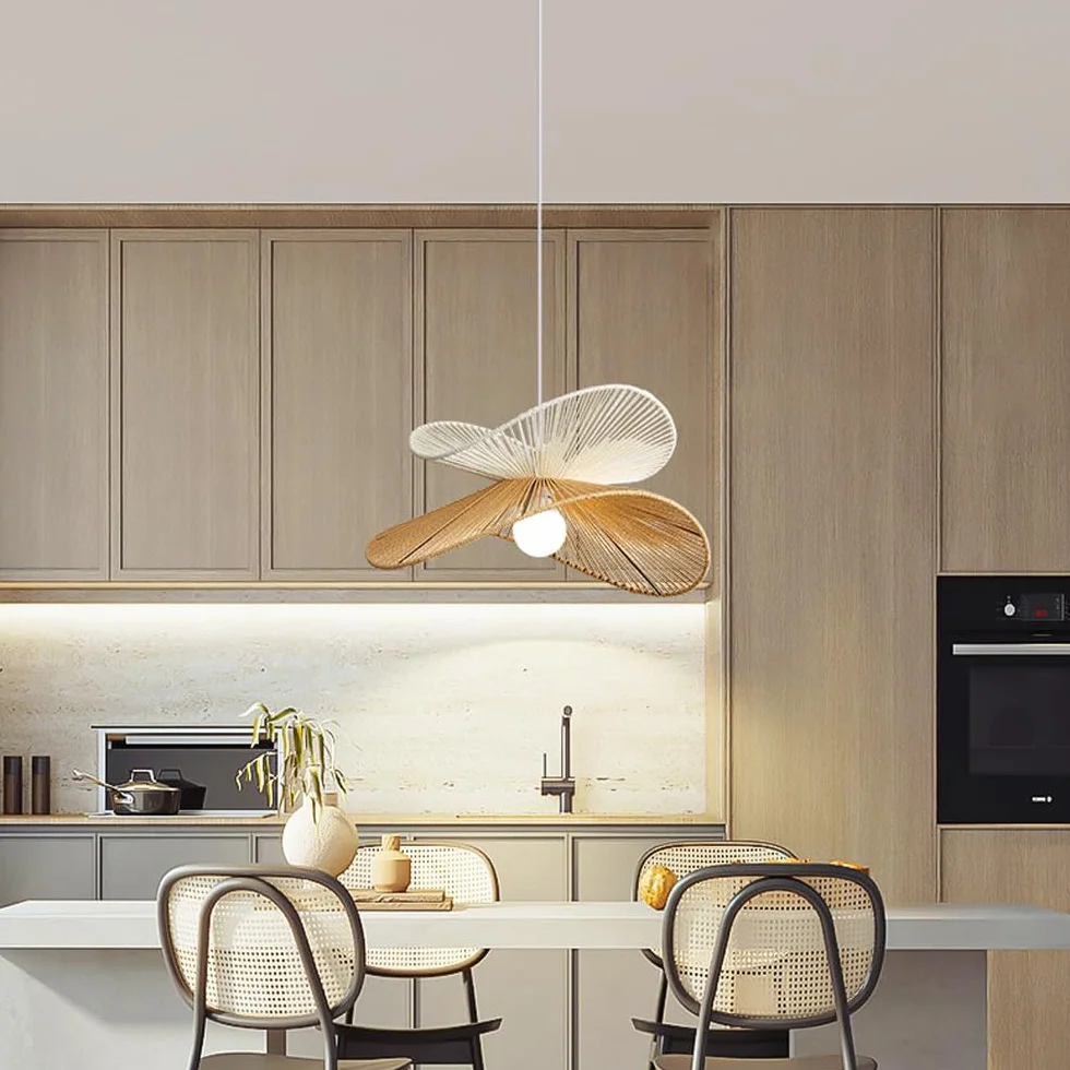 Lámpara colgante de cuerda de cáñamo de ratán costero bohemio, iluminación colgante tejida moderna, lámpara colgante de techo de mediados de siglo marrón y blanco para comedor, cocina, isla, d