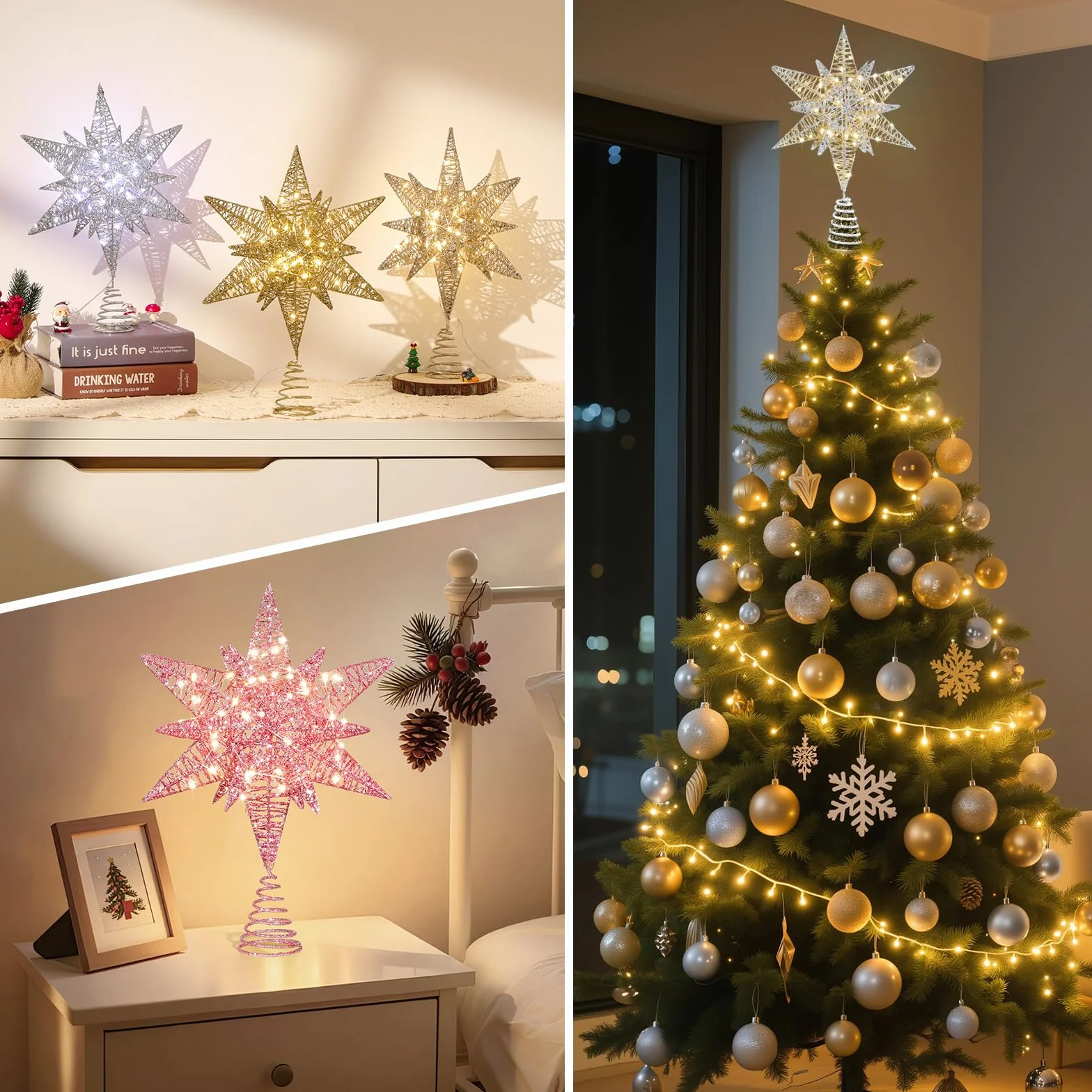 Lewondr Estrella para Copa del Árbol, 28CM Adorno para Árbol de Navidad con 8 Modos de Luces por USB con Mando a Distancia & Temporizador, Gran Topper Árbol Decoración Navideña del Hogar, Oro