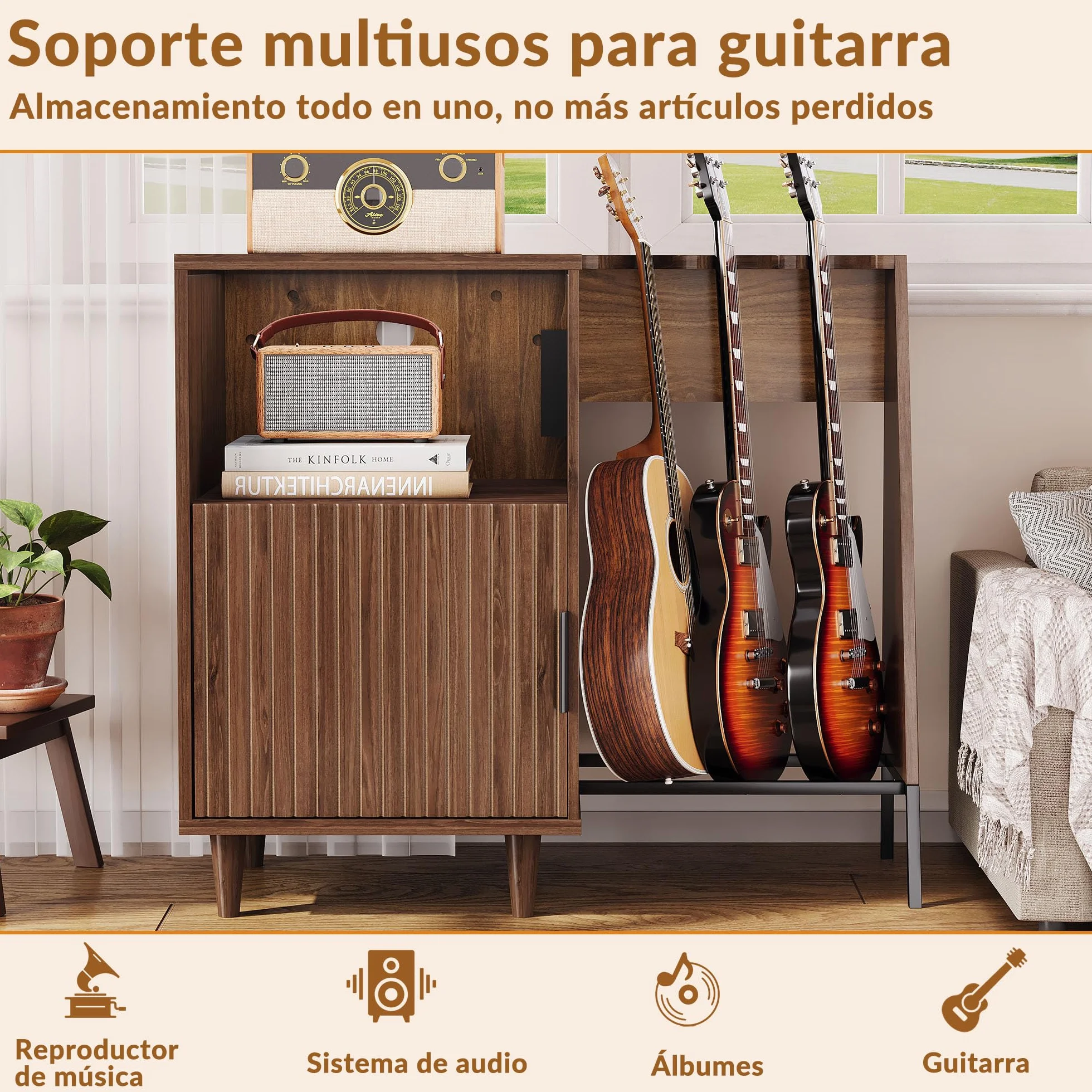 Mueble para Tocadiscos y Vinilos de Madera Vintage Mid-Century con Soporte para 3 Guitarras