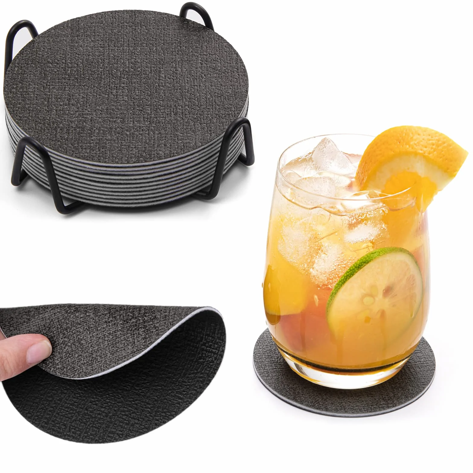 Posavasos Originales Juego de 12, Lavables Doble Cara, Impermeables con Soporte de Metal Antideslizante, Redondos Gris Negro