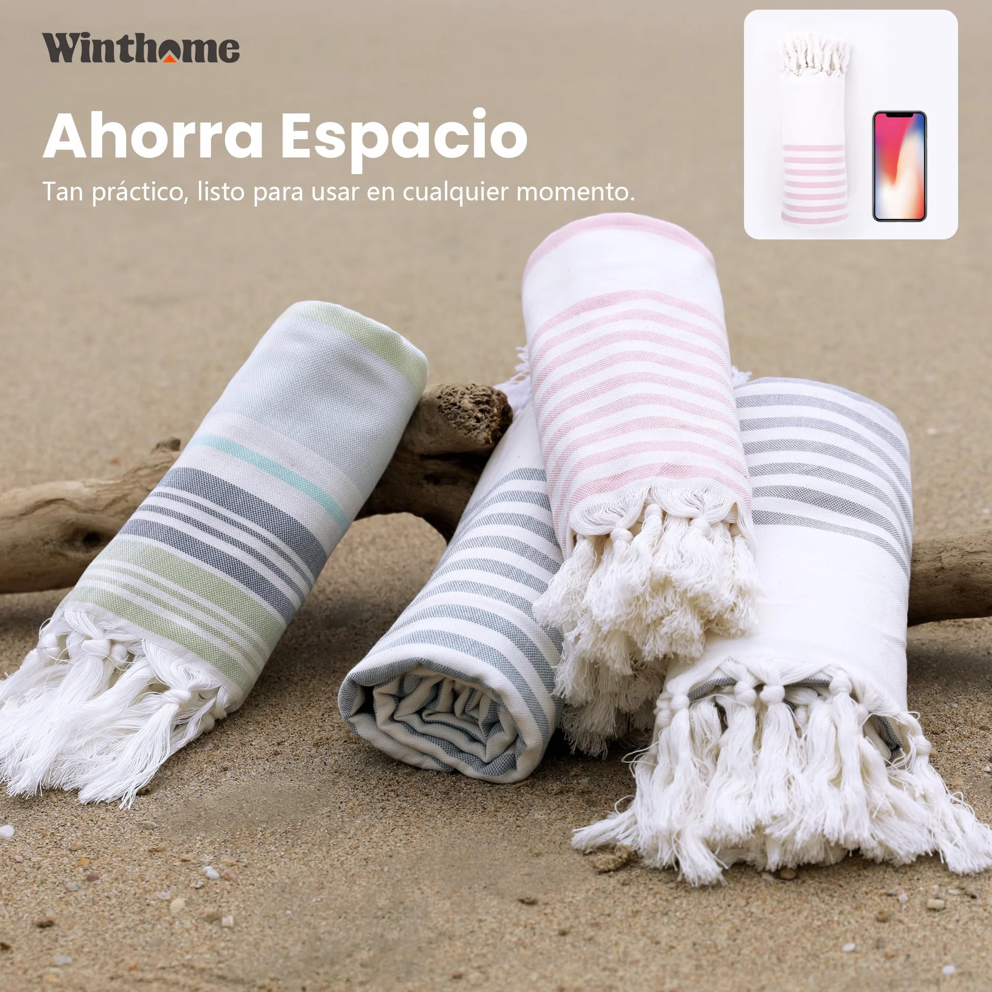 Winthome Toalla Playa Suave-Toalla Hammam de Algodón de Bambú, Ligero Ahorra Espacio, Toalla de Baño Turco con Borlas Absorbente, Libre de Arena, para Mujer Hombre Niños (150x75cm,1 Pack)