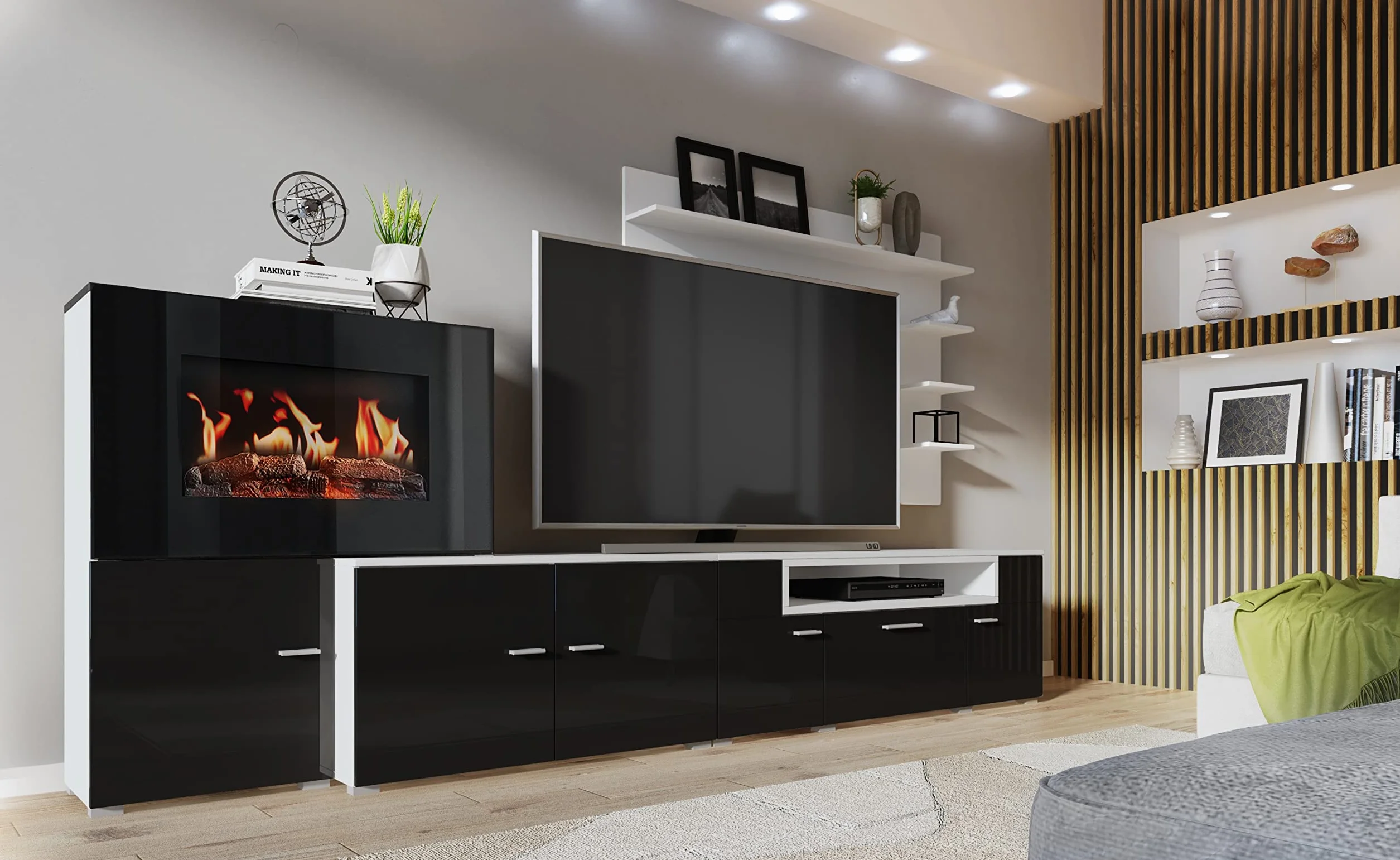Comfort Home Innovation - Mueble de salón con Chimenea eléctrica con 5 Niveles de Llama, Acabado Blanco Mate y Lacado Blanco Brillante, Medidas: 290 x 170 x 45 cm de Profundidad