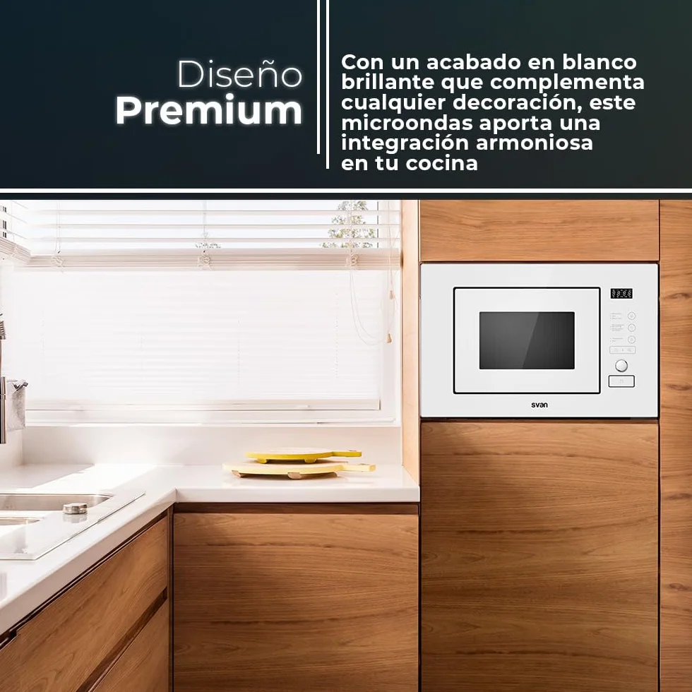 Svan Microondas 20 Litros Integrable con Grill Blanco SMWI2800DGB. 800W, Grill 1000W, 8 Programas, Modo Descongelación, Revestimiento Interior, Fácil Limpieza, Temporizador 95min.