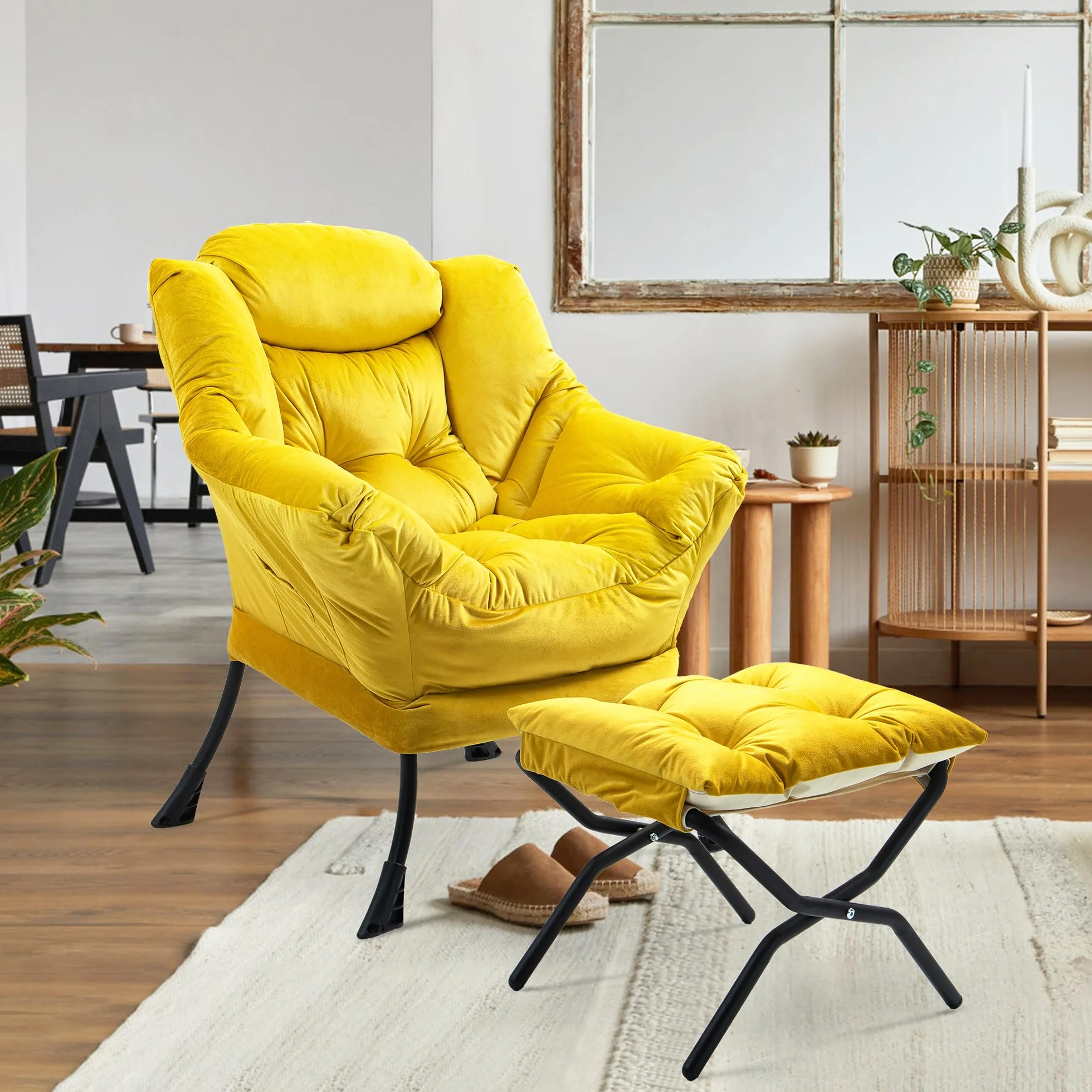 TIANSHU Sillon Relax Sillón con Reposapiés, Sillones para el Salón de Terciopelo, Butaca con Soporte para el Cuello Sillon Lectura Patas de Metal Butaca Dormitorio Sillón Tapizado (Amarillo)